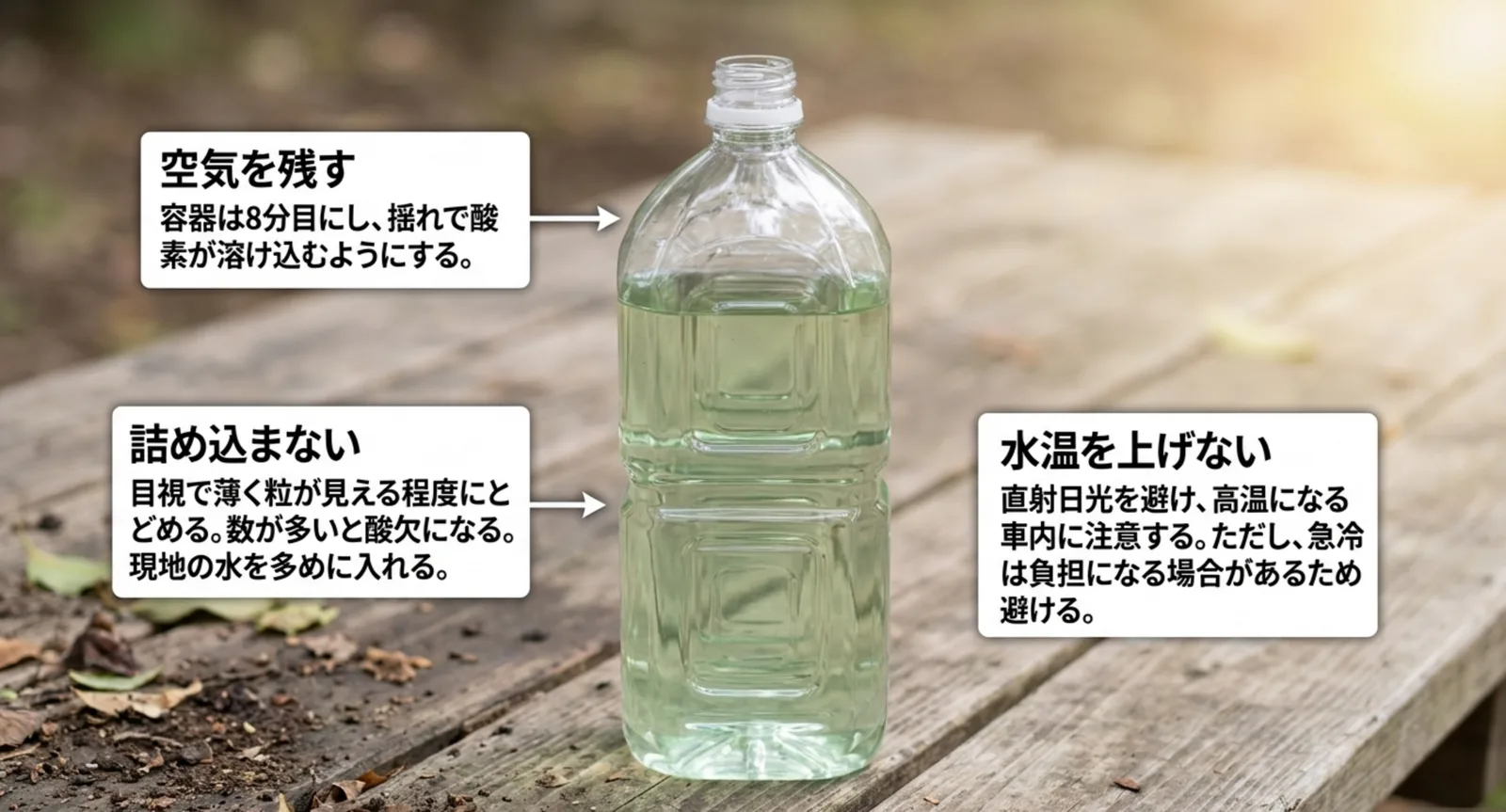 ペットボトルの写真に、空気を残す・詰め込まない・水温を上げないという持ち帰りの3点を注記したスライド