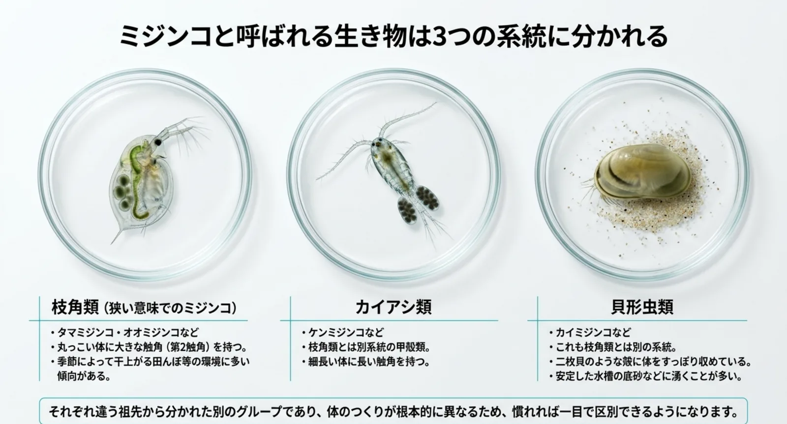 枝角類・カイアシ類・貝形虫類の3系統を、それぞれの姿と特徴で並べて比較したスライド