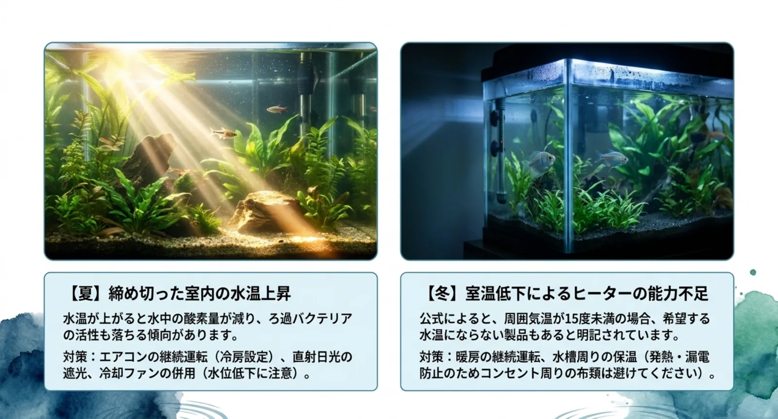 夏の締め切った室内での水温上昇と、冬の室温低下によるヒーターの能力不足を、それぞれの対策とあわせて並べたスライド