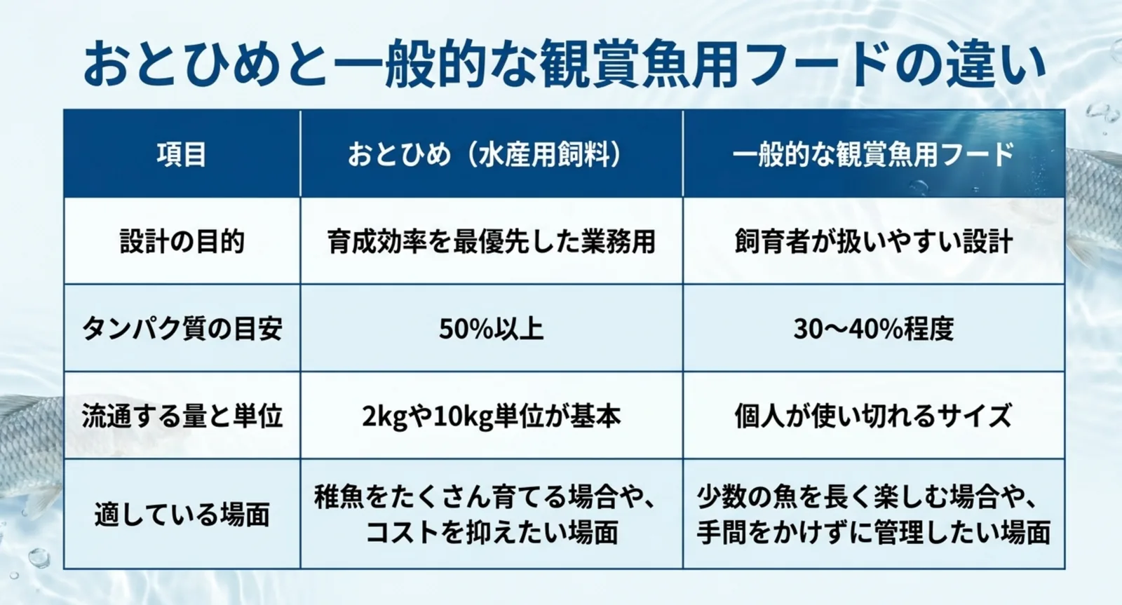 設計の目的・タンパク質の目安・流通単位・適した場面の四項目で、おとひめと一般的な観賞魚用フードを比較した表のスライド