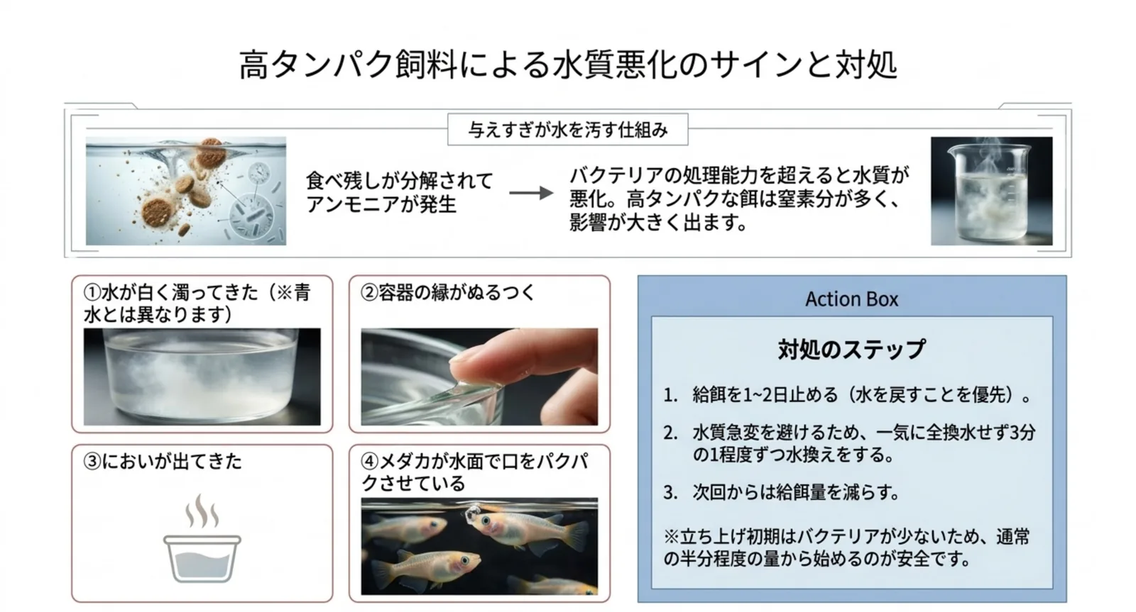 食べ残しがアンモニアになる流れと、白い濁り・ぬめり・におい・鼻上げという四つのサイン、対処手順をまとめたスライド