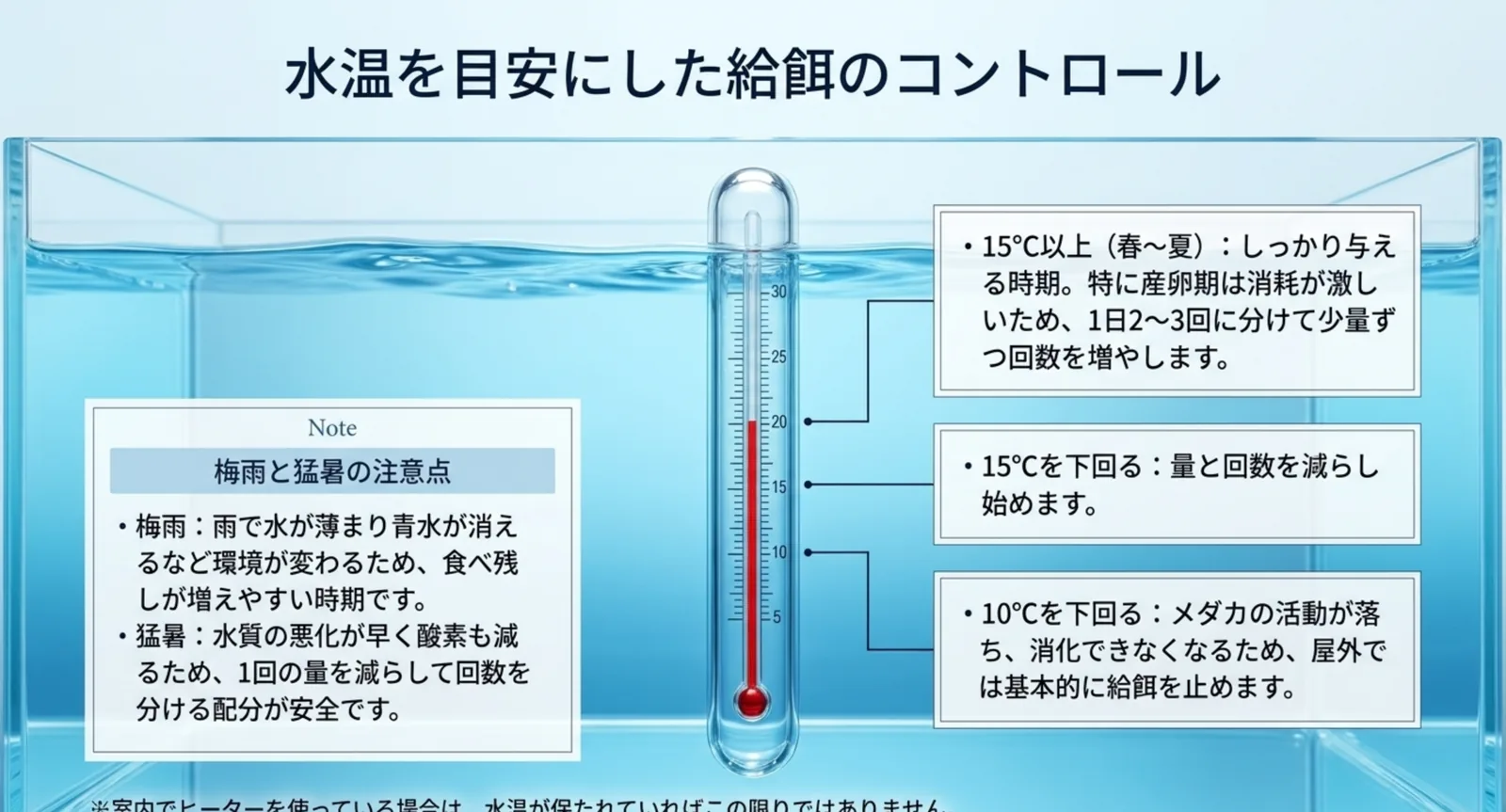 水温15℃以上・15℃未満・10℃未満の三段階で給餌量と回数をどう変えるかを温度計の図で示したスライド