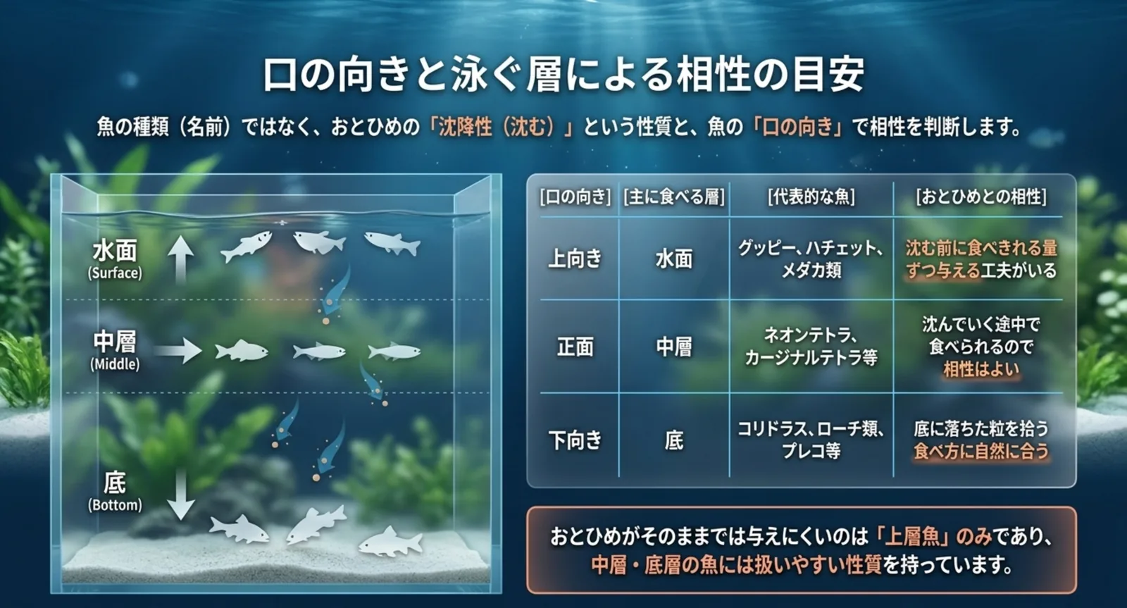 上向き・正面・下向きという口の向きごとに、主に食べる層と代表的な魚、おとひめとの相性を並べた対応表のスライド