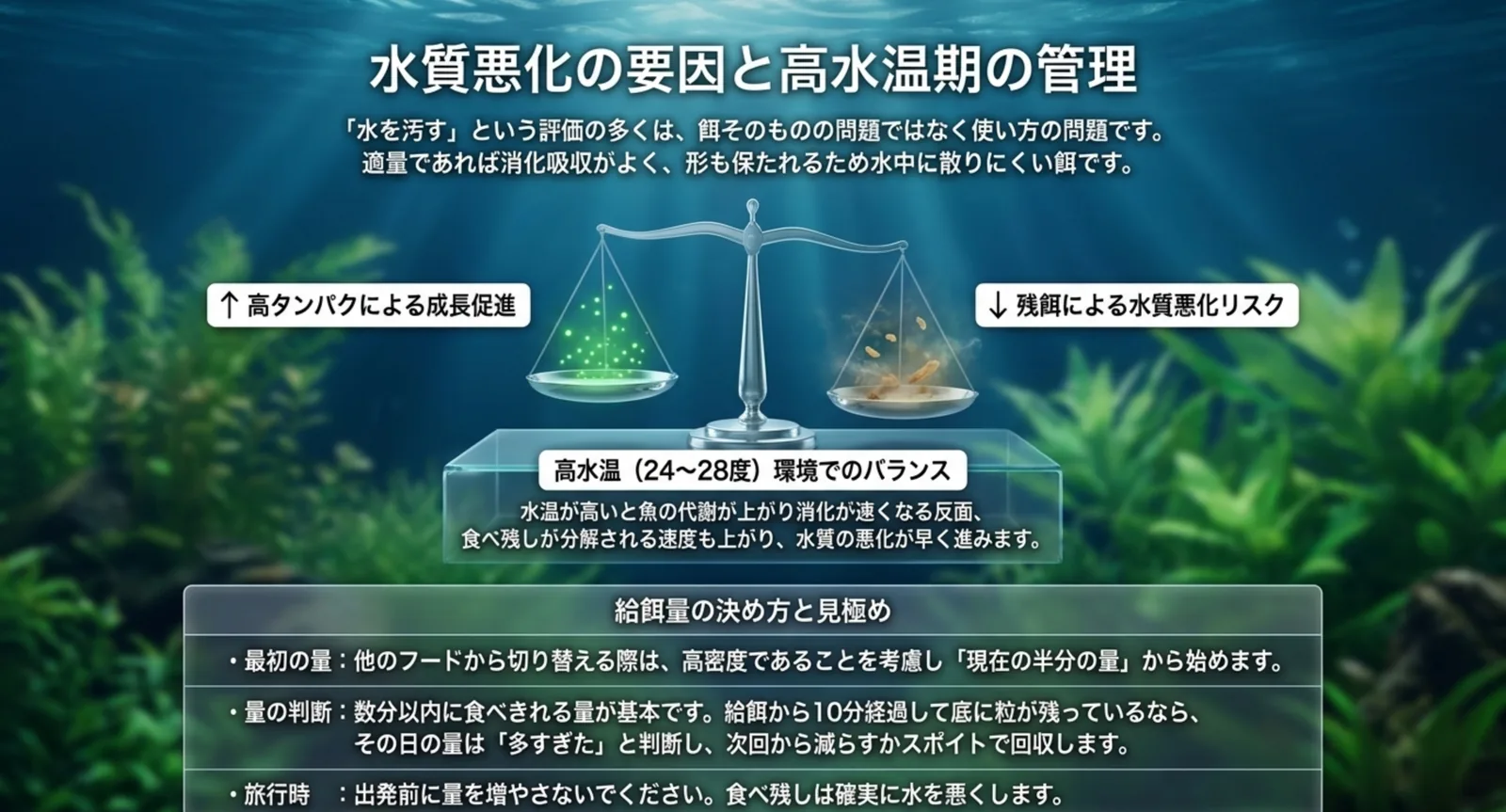高タンパクによる成長促進と残餌による水質悪化リスクを天秤で示し、高水温環境での給餌量の決め方を添えたスライド