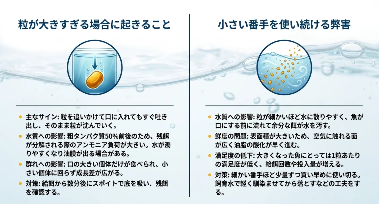 粒が大きすぎるときと細かい番手を使い続けたときに起きることを左右に並べて比較したスライド