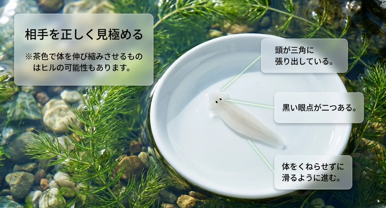 白い皿にすくった個体で頭の形と眼点と動き方を確かめる図のスライド