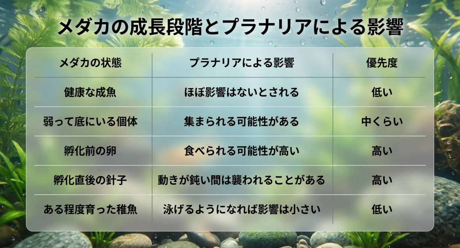 成魚から卵や針子までの成長段階別に影響と対応の優先度を並べた表のスライド