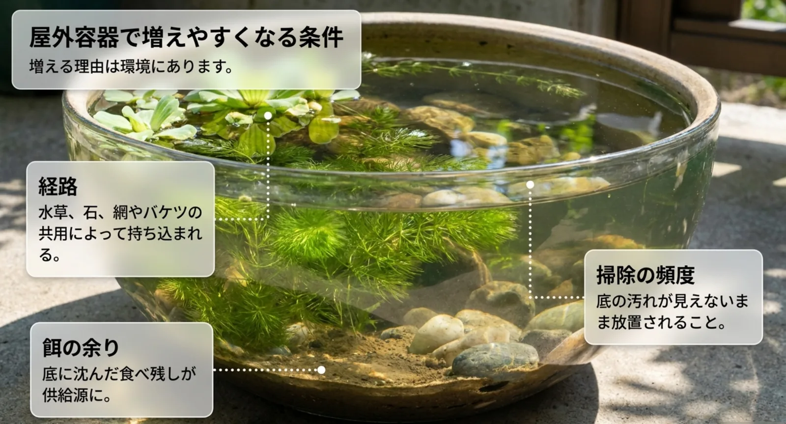 屋外の睡蓮鉢を背景に経路と餌の余りと掃除の頻度を示した図のスライド