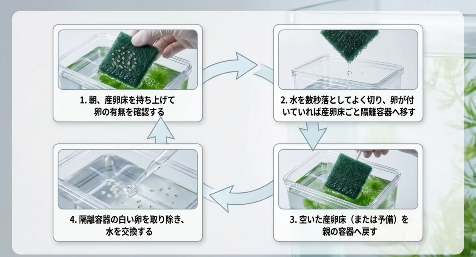 産卵床の確認から水切りと隔離と白い卵の除去までを循環で示したスライド