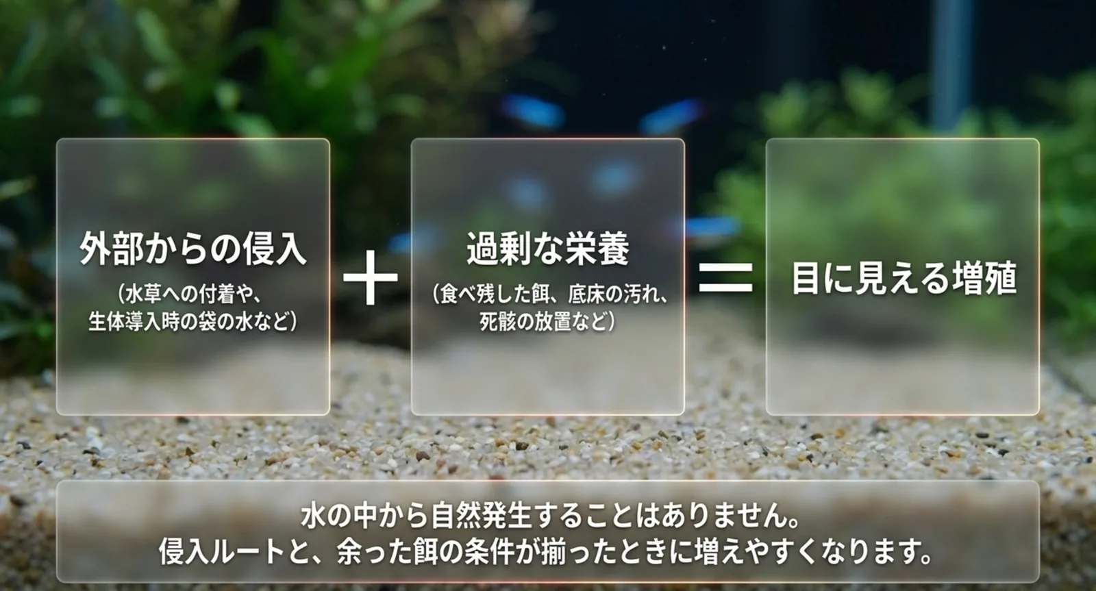 外部からの侵入と過剰な栄養が揃うと増殖につながることを示した図のスライド