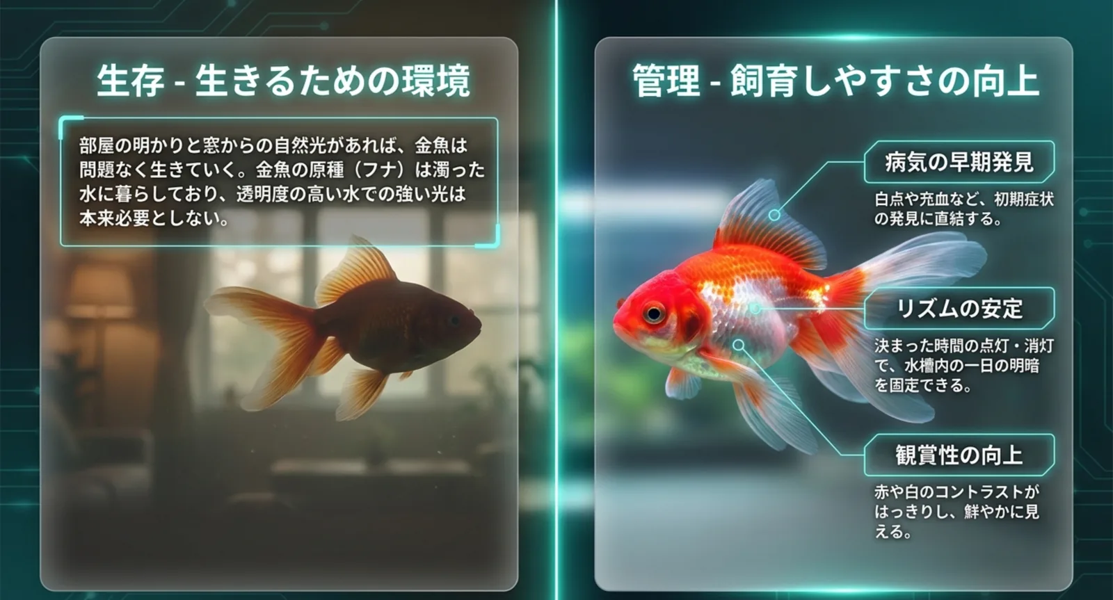 金魚の生存には強い光が要らない一方、病気の早期発見・リズムの安定・観賞性の向上という管理面の利点があることを対比したスライド
