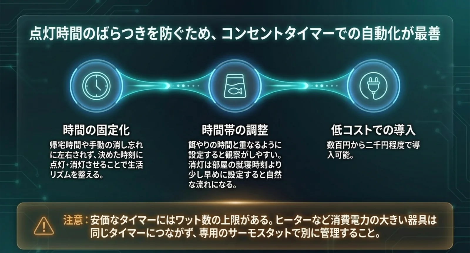コンセントタイマーで点灯時間を固定する利点と、消費電力の大きい器具を同じタイマーにつながない注意点を示したスライド