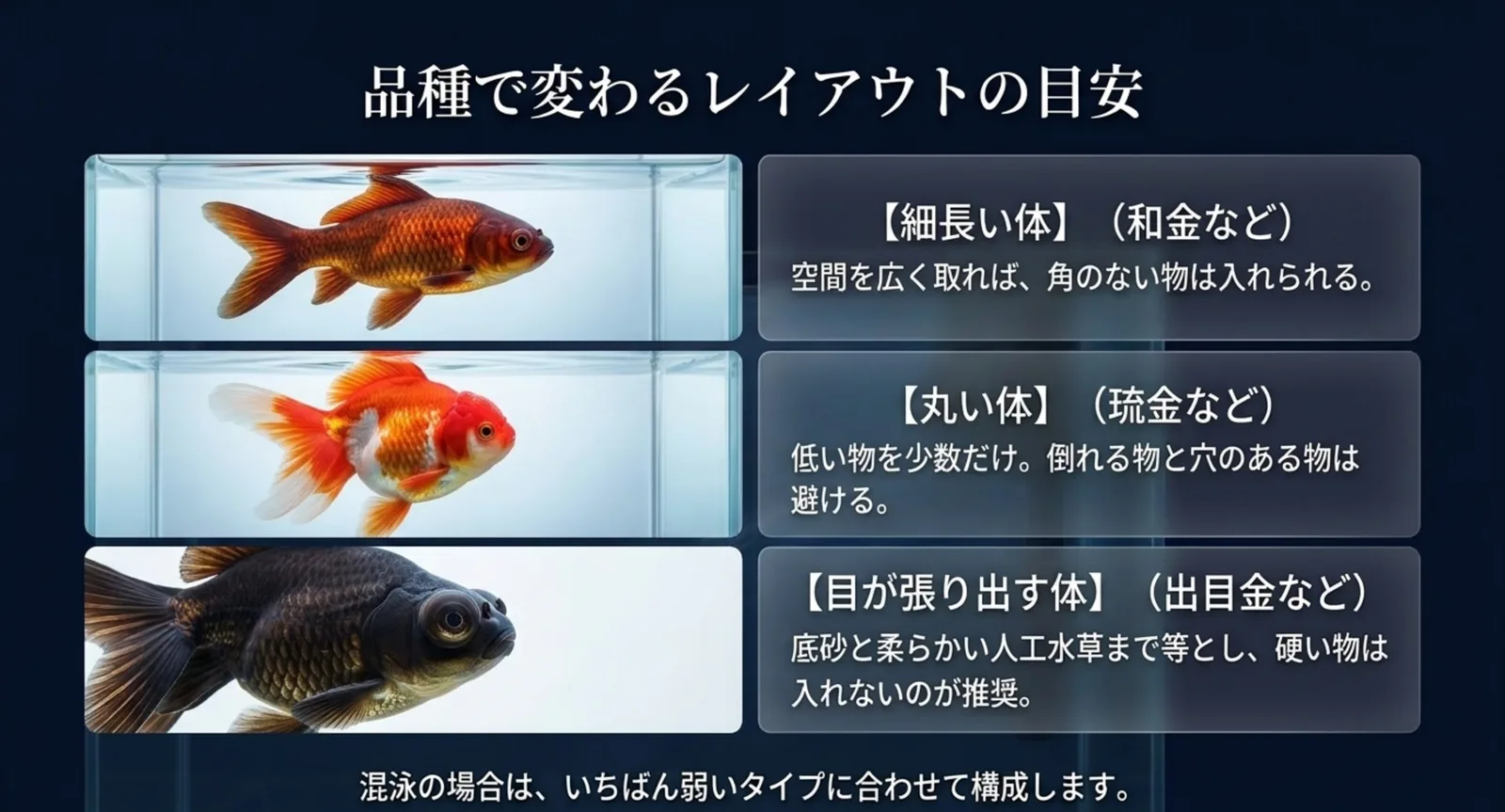 細長い体・丸い体・目が張り出す体の3タイプ別に、金魚水槽へ入れられる物の目安を比較したスライド