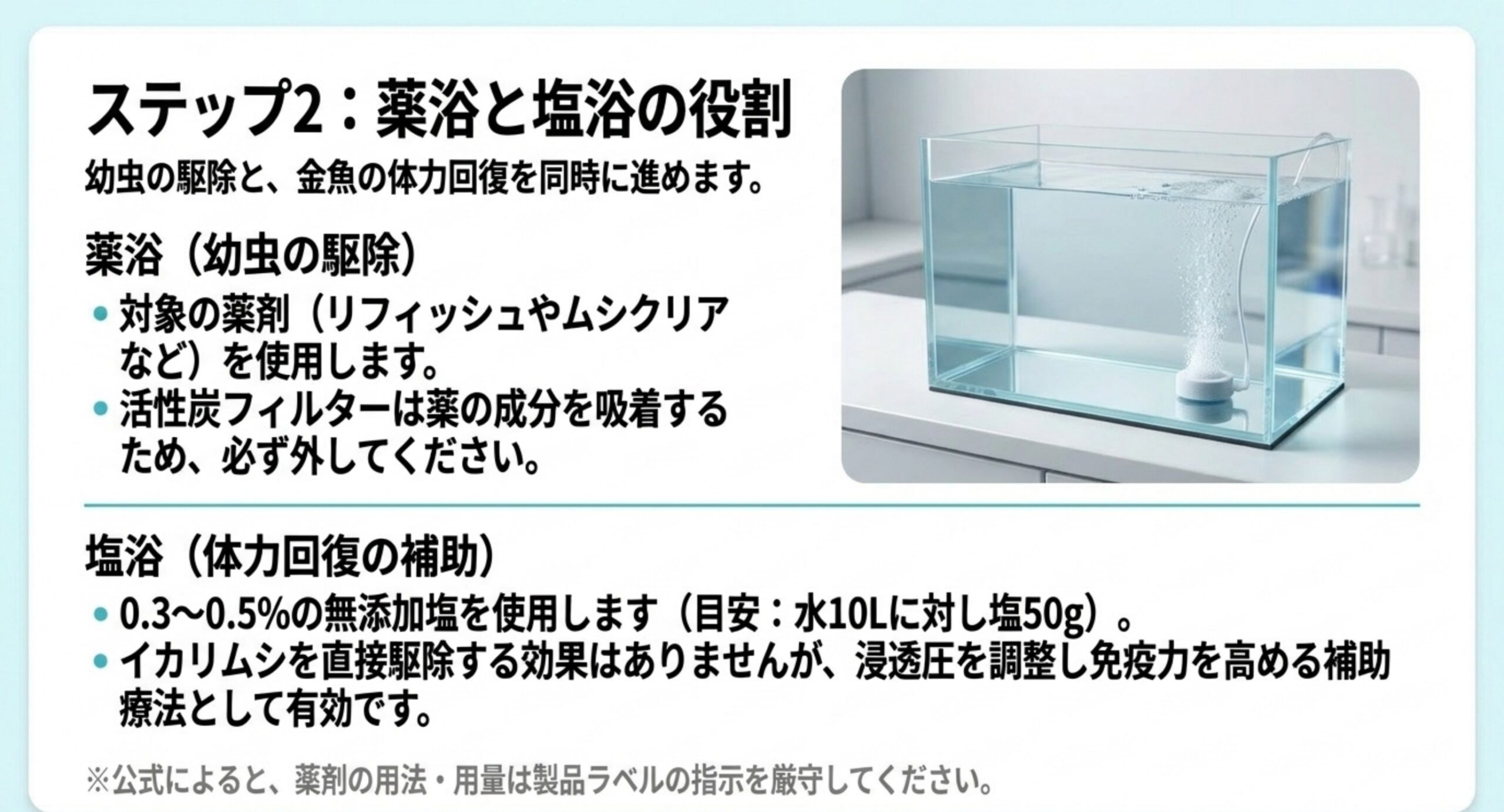 薬浴と塩浴の役割 幼虫を駆除する薬浴と、体力回復を助ける0.3〜0.5%の塩浴という2つの役割の違いを整理したスライド