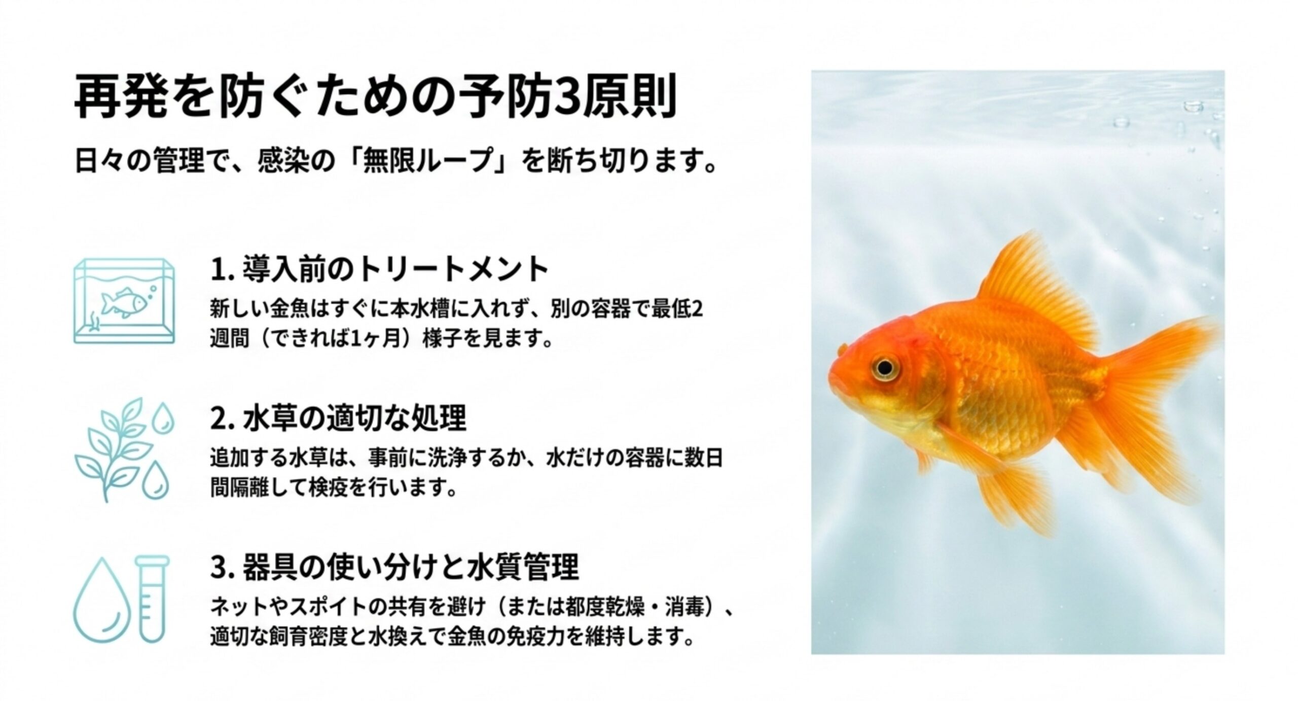 再発を防ぐ予防3原則 導入前のトリートメント、水草の処理、器具の使い分けと水質管理という再発を防ぐ3つの予防策を並べたスライド