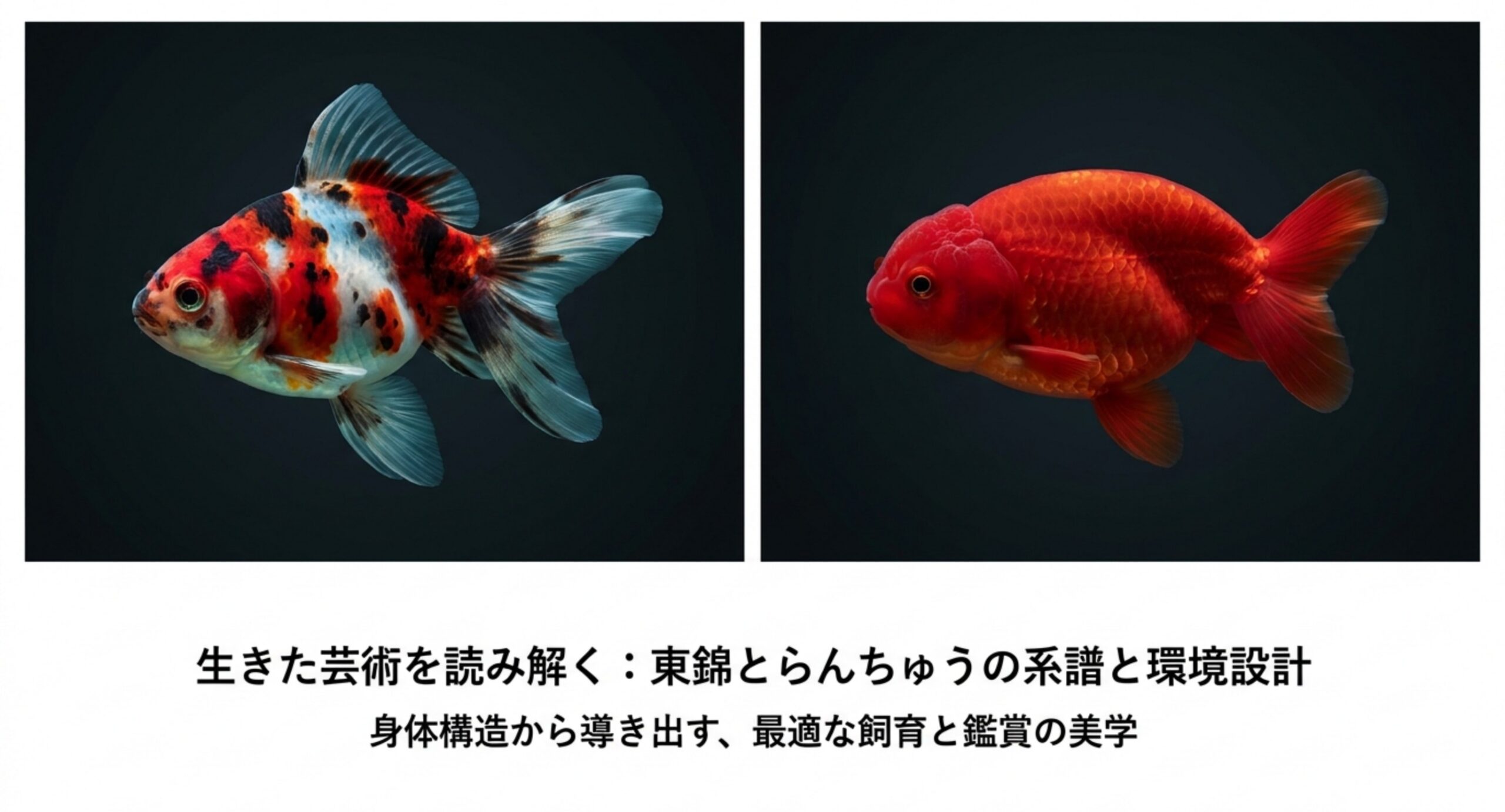 キャリコ柄で背びれのある東錦と、背びれがなく丸みの強いらんちゅうを左右に並べた表紙のスライド