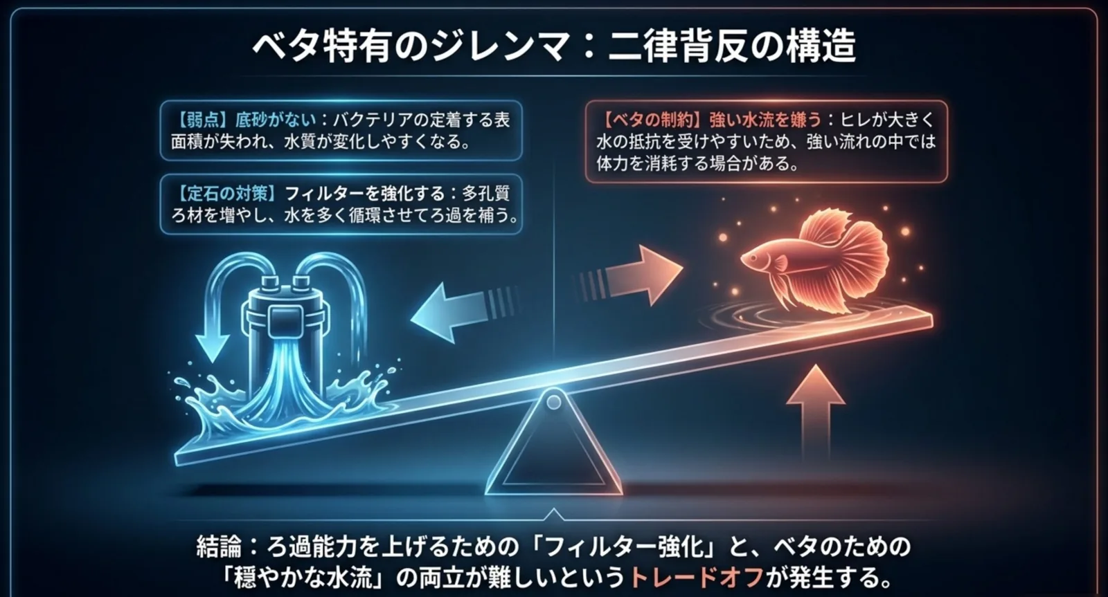 フィルター強化とベタが好む穏やかな水流を天秤にかけ、両立の難しさを示した図