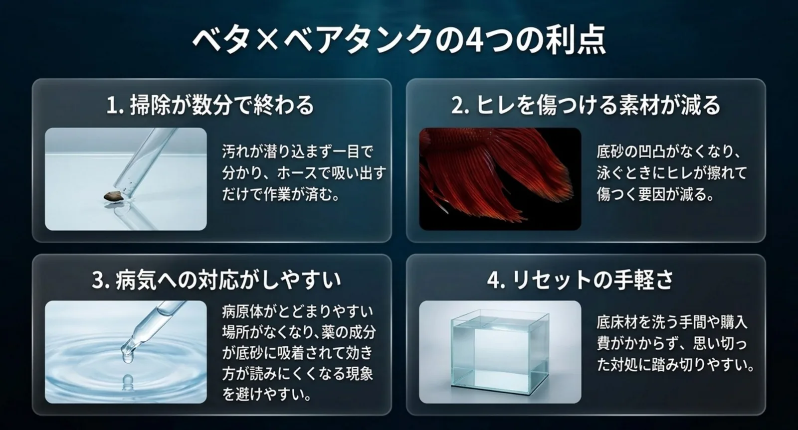 掃除の速さ、ヒレを守れること、病気への対応、リセットの手軽さという四つの利点を並べた図