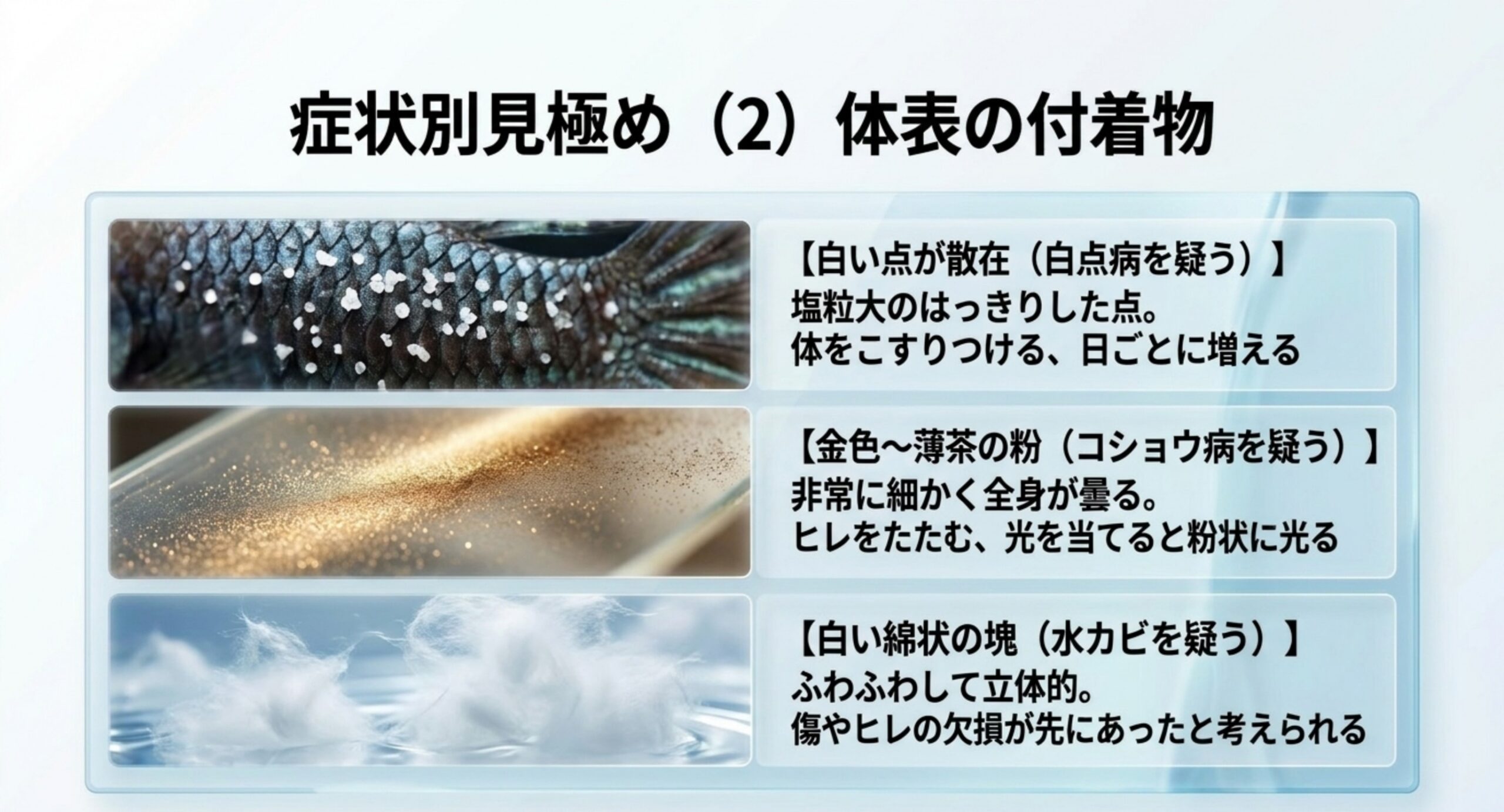 白い点・金色の粉・白い綿状の塊という体表の付着物を写真つきで比較し、疑われる病気を整理したスライド