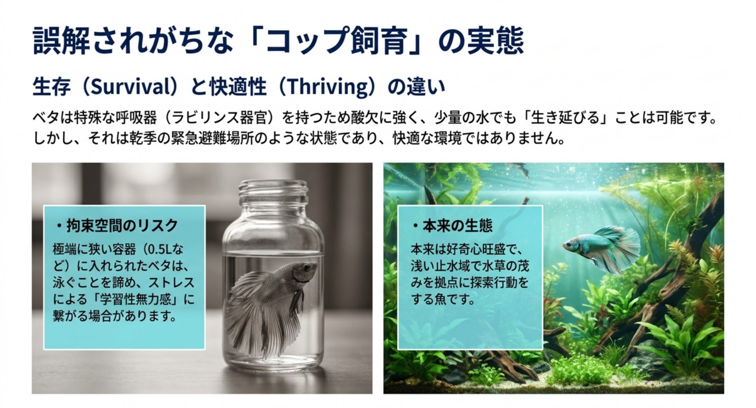 誤解されがちな「コップ飼育」の実態 コップ飼育が生存はできても快適ではないことを、拘束空間のリスクと本来の生態で対比したスライド