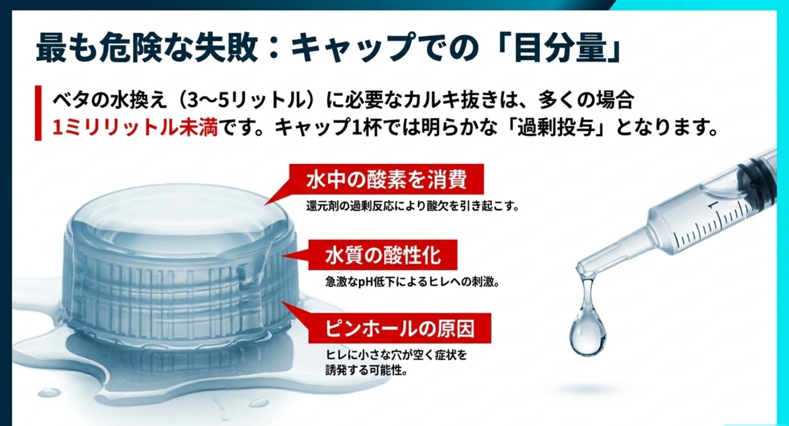 キャップ1杯が過剰投与になる理由と、酸素の消費、水質の酸性化、ピンホールという3つのリスクを並べた図解