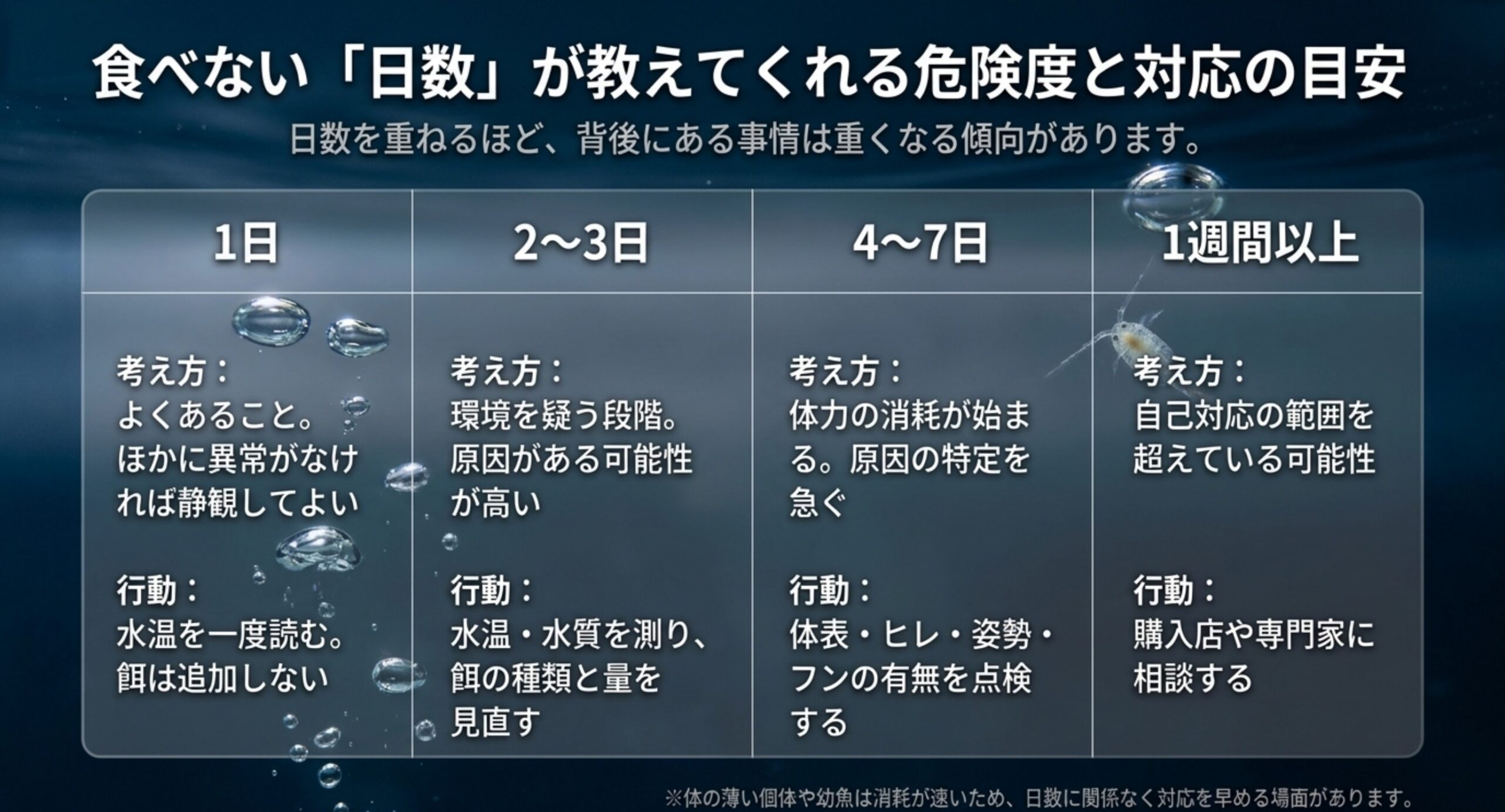 1日・2〜3日・4〜7日・1週間以上という日数ごとに、考え方とその時点ですべき行動を並べた目安表のスライド