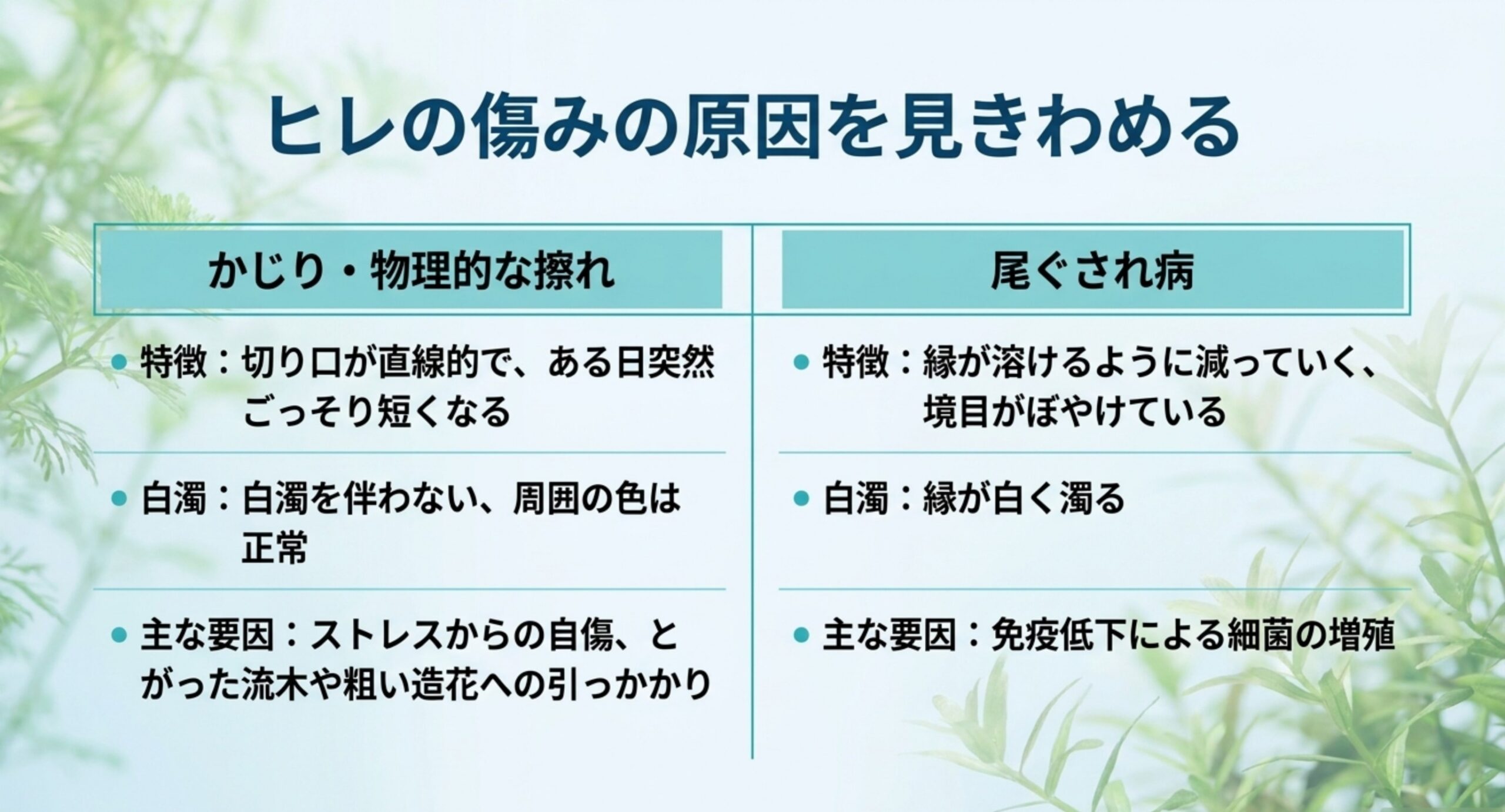かじりや物理的な擦れと尾ぐされ病について、切り口の特徴、白濁の有無、主な要因を左右で比べた表