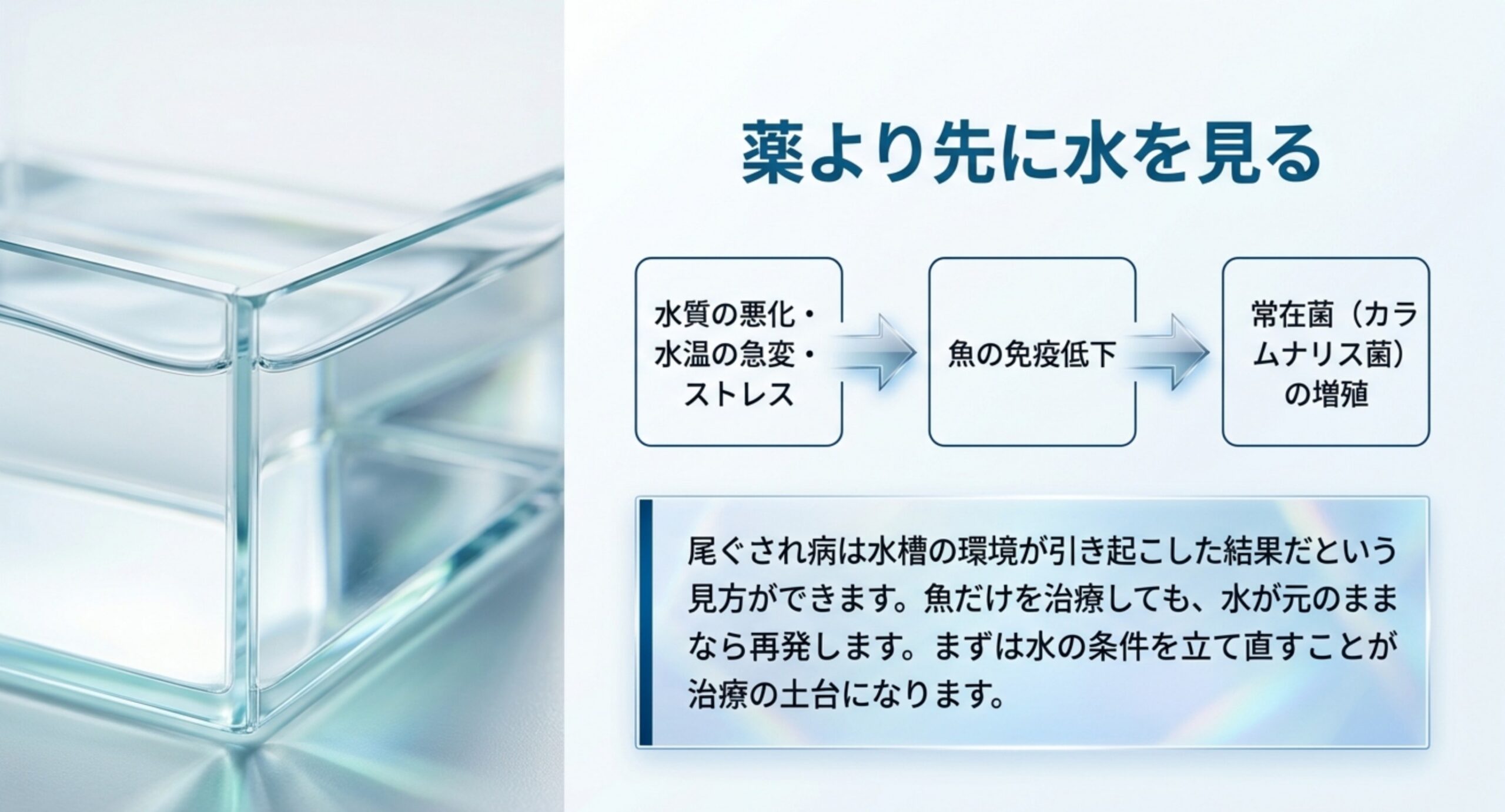 水質の悪化や水温の急変から魚の免疫が低下し常在菌が増殖する流れと、水の条件を立て直すことが治療の土台になる説明の図