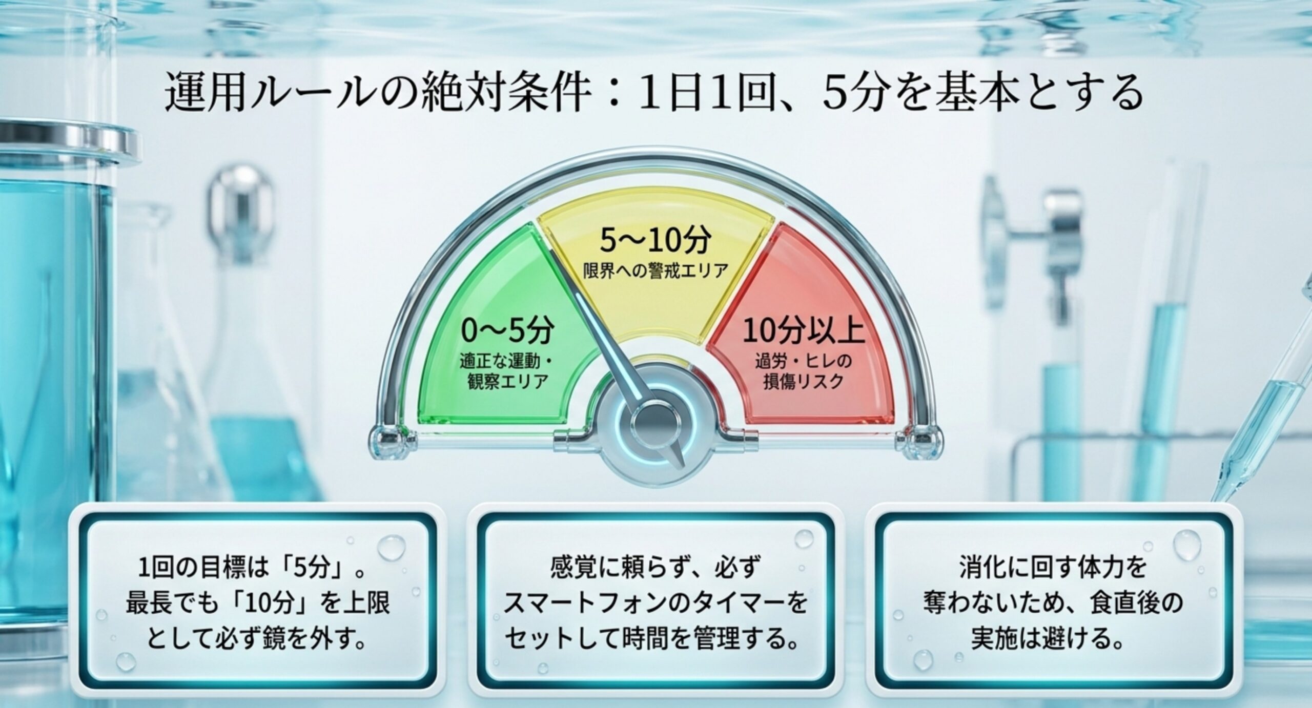 0〜5分が適正、5〜10分が警戒、10分以上は過労やヒレの損傷リスクという、フレアリングの時間の目安をメーターで示したスライド