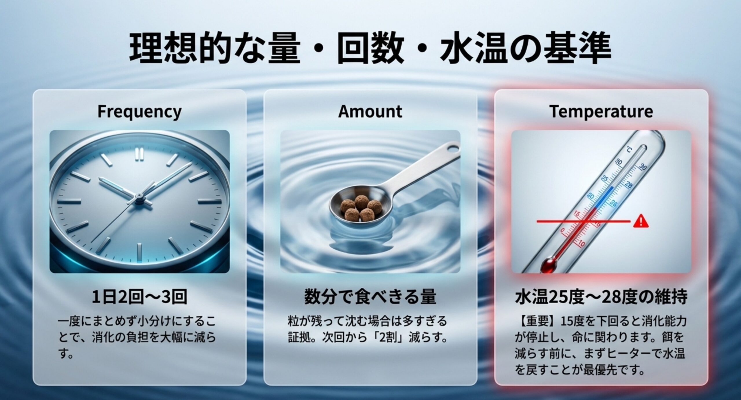 1日2〜3回、数分で食べきる量、水温25〜28度の維持という3つの基準を並べた図解