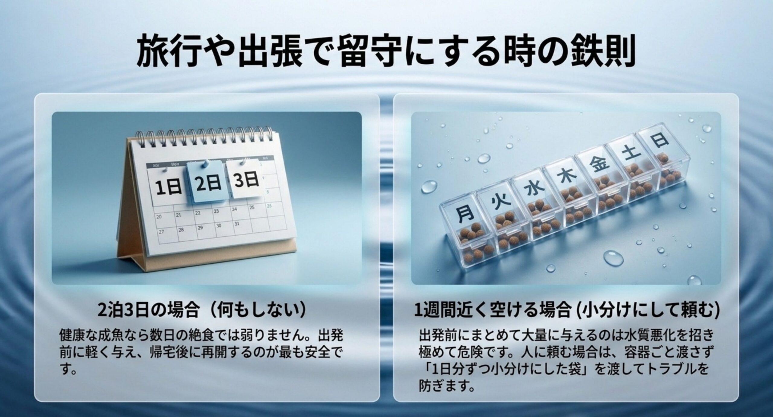 2泊3日は何もしない場合と、1週間近く空けるときに小分けにして頼む場合を対比した図解