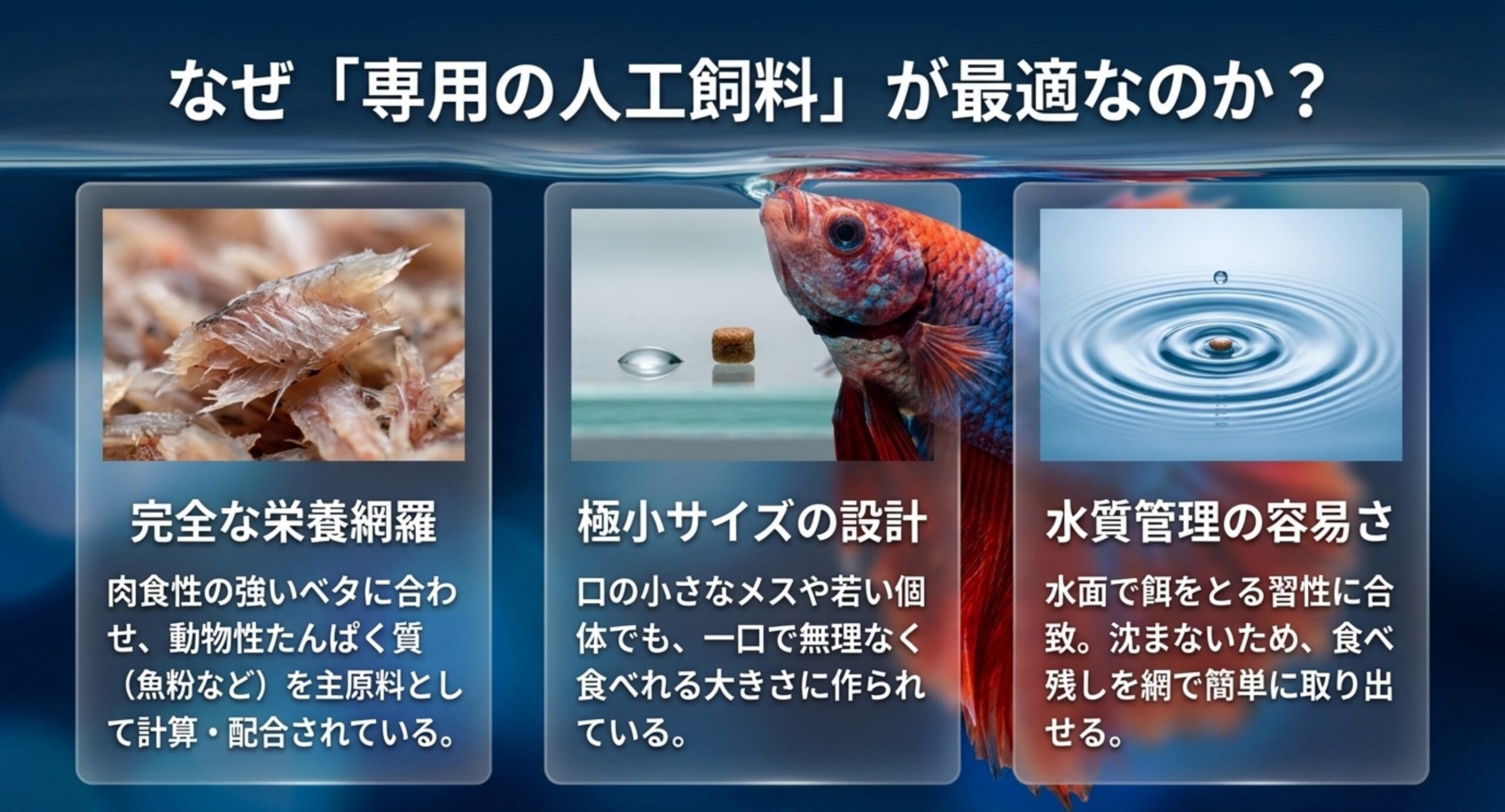 栄養の網羅、極小サイズの設計、水質管理のしやすさという3つの理由を並べた図解