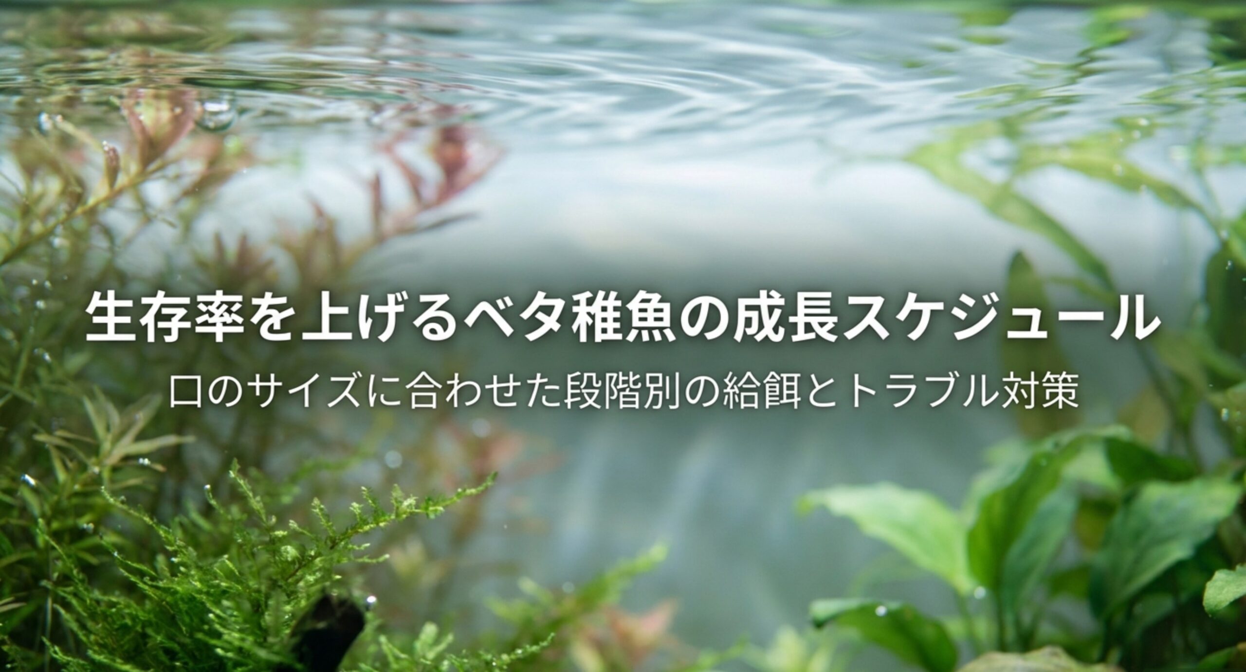 水草が茂った水槽を背景に、ベタ稚魚の給餌と成長スケジュールをまとめた表紙のスライド