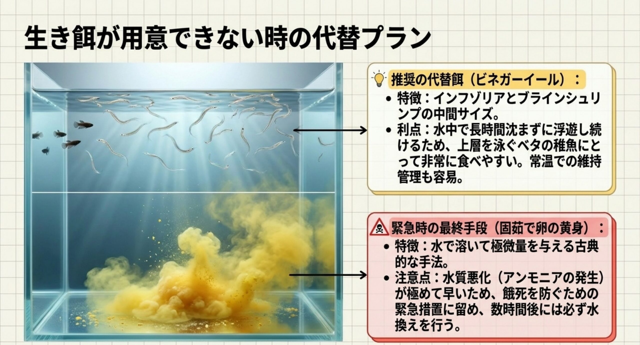 生き餌が用意できないときの代替プラン ビネガーイールと固茹で卵の黄身を並べ、それぞれの特徴と水質面の注意点を示したスライド