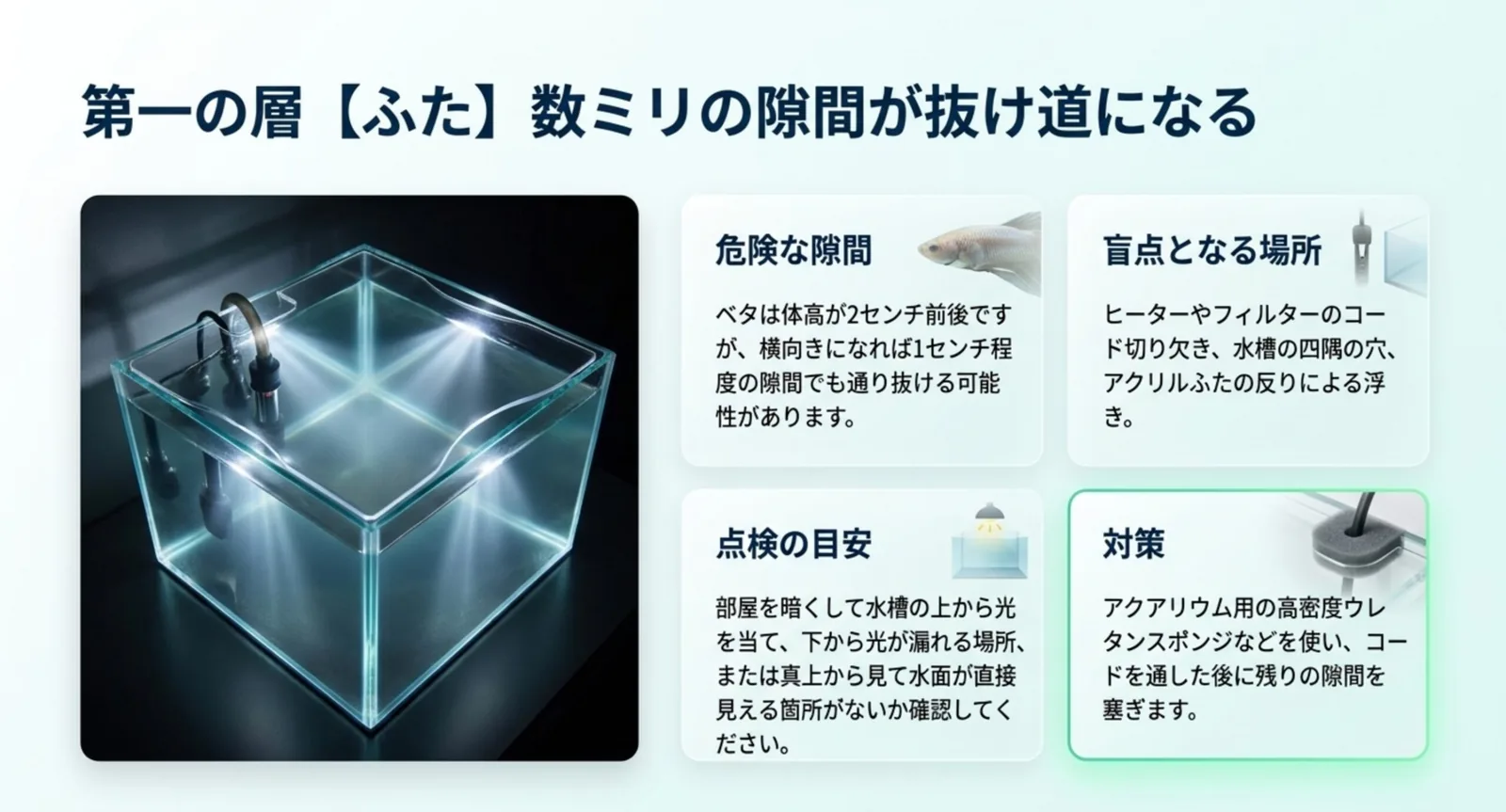コードの切り欠きや四隅など隙間ができやすい場所と、光を当てて点検する方法を示した図