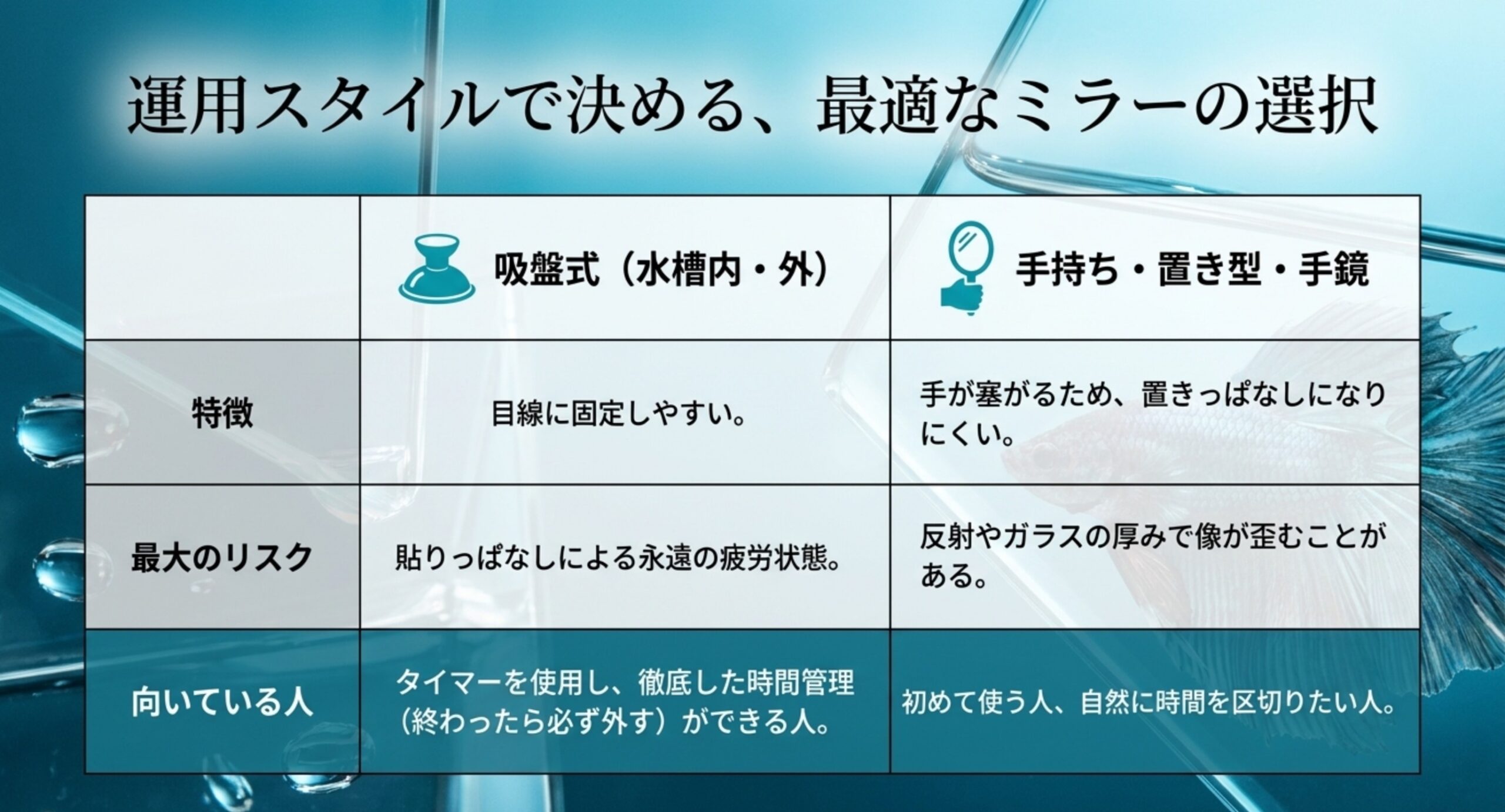 吸盤式と手持ち・置き型のミラーについて、特徴・最大のリスク・向いている人を並べて比較した表のスライド