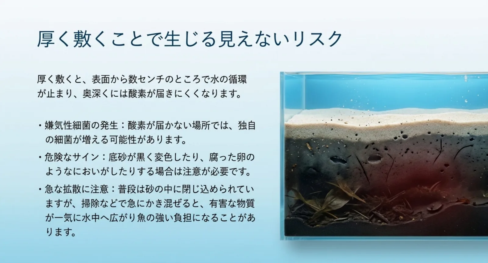 底砂の断面で酸素が届かず黒く変色した層ができる様子と、その危険なサインを示した図