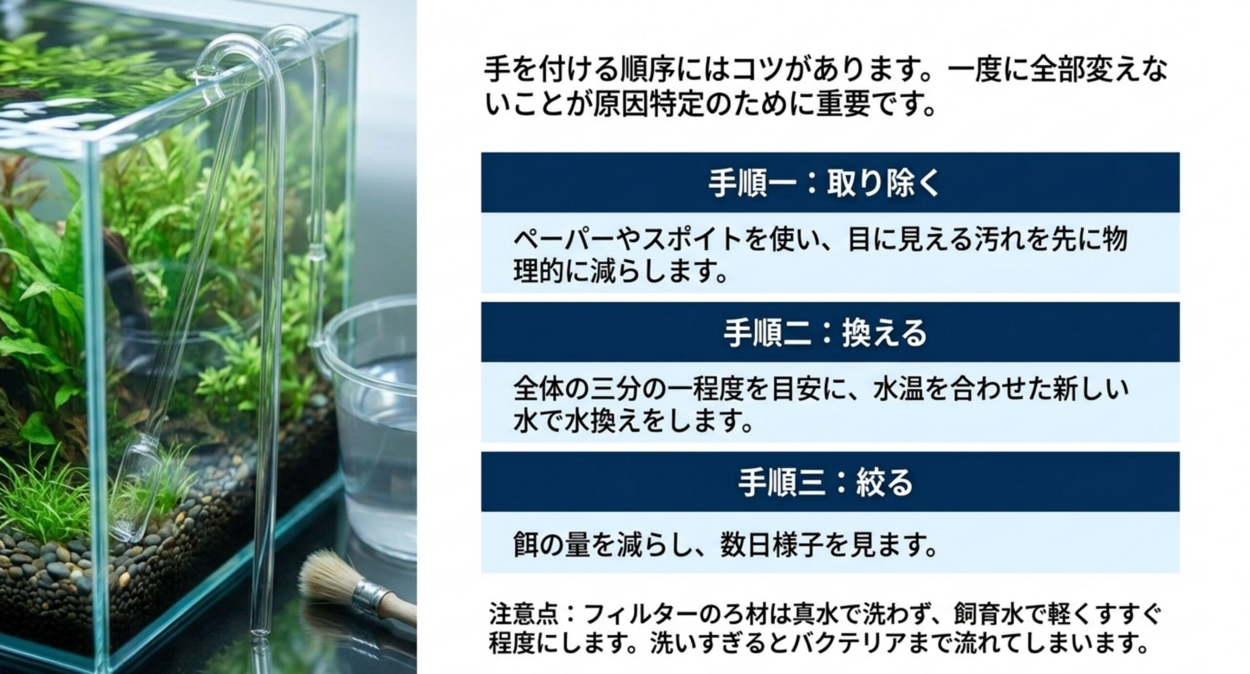 目に見える汚れを取り除き、三分の一を換水し、餌の量を絞るという順序と、ろ材は飼育水ですすぐ注意点を示した図