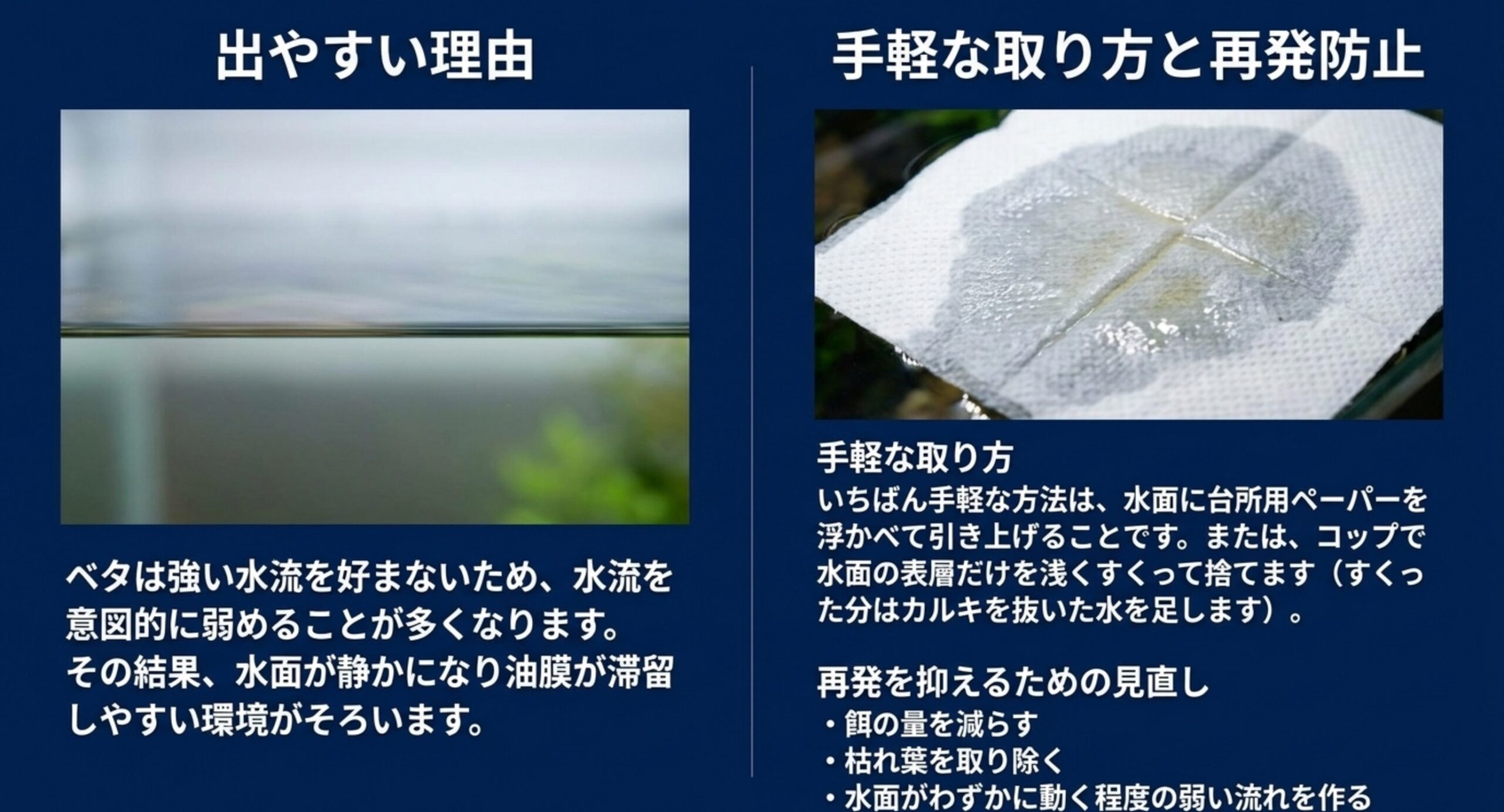ベタ水槽で水流を弱めるため油膜が滞留しやすいことと、台所用ペーパーで取る方法や再発を抑える見直し点を示した図