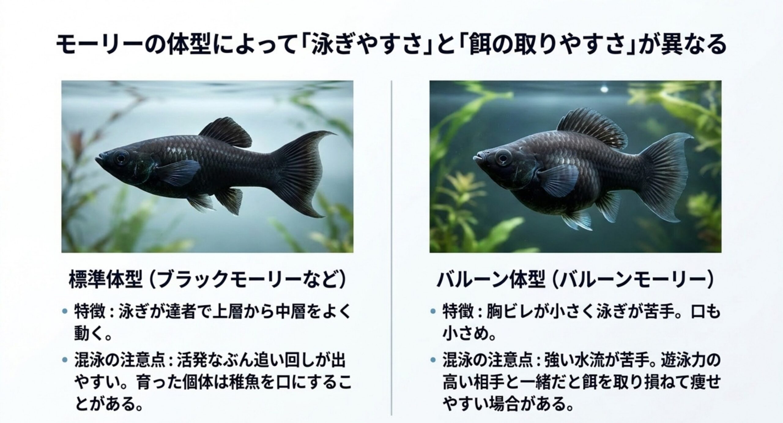 標準体型のブラックモーリーとバルーン体型のバルーンモーリーを並べ、泳ぎと餌の取り方の違いと混泳の注意点を比較したスライド