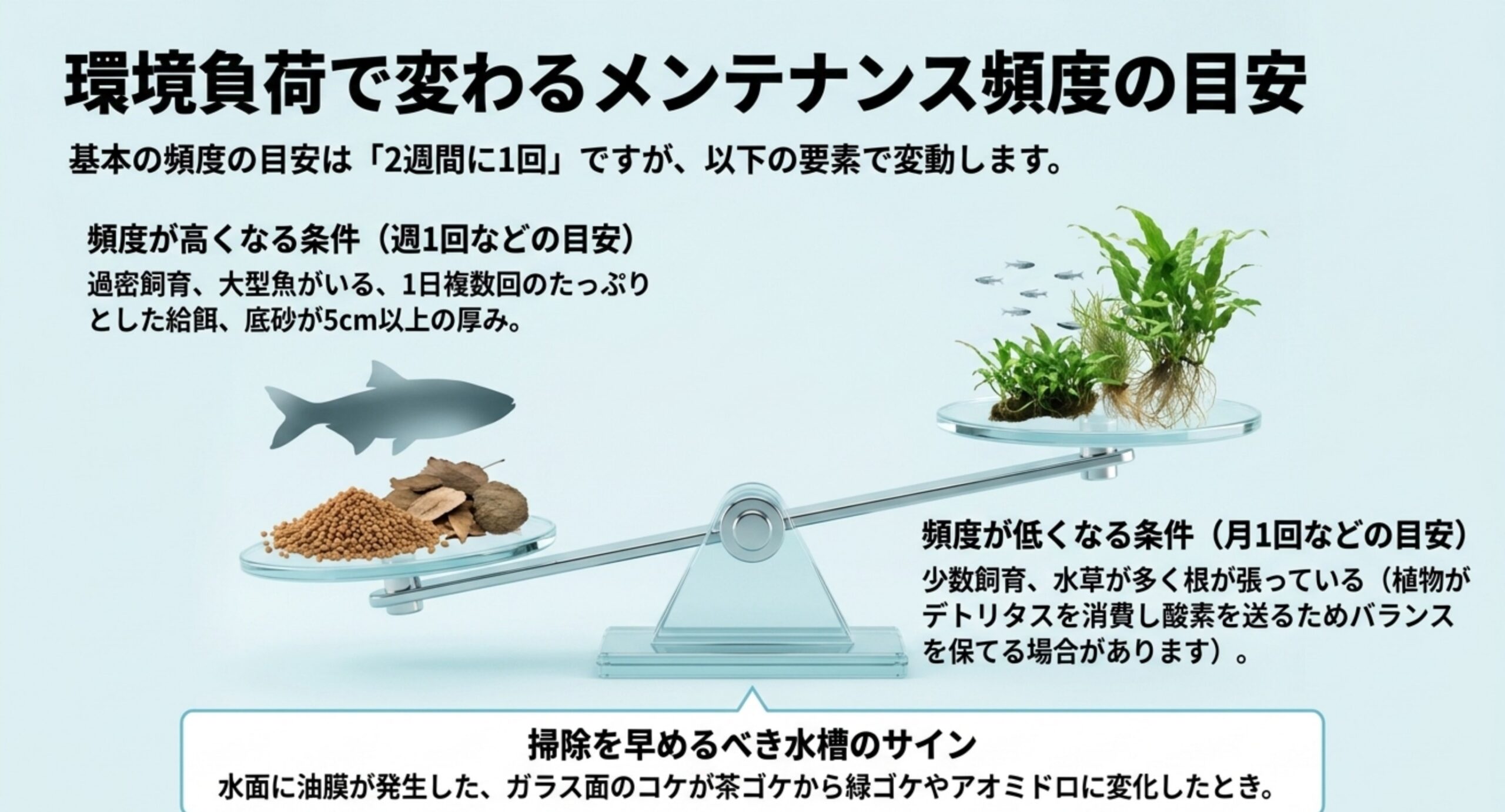 掃除頻度が高くなる条件と低くなる条件を天秤で対比し、早めるべき水槽のサインを添えたスライド