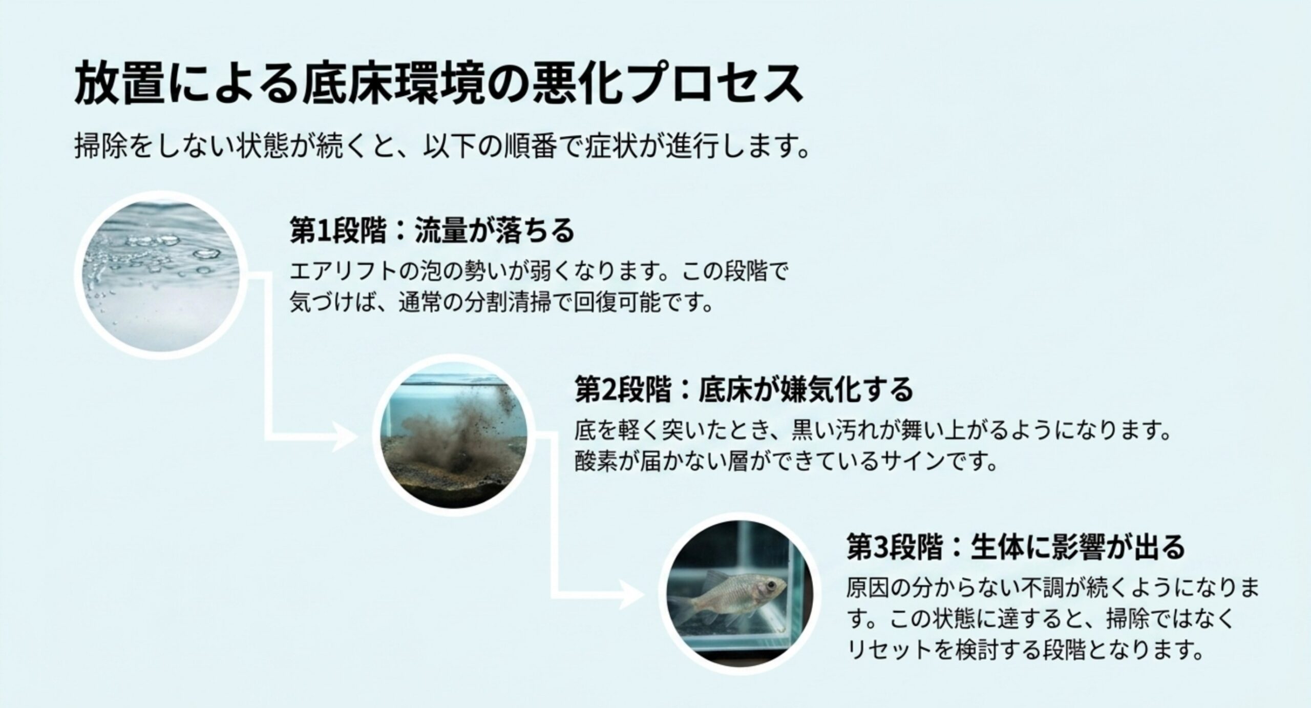 底面フィルターを掃除しないと流量低下・底床の嫌気化・生体への影響の順に進行することを示したスライド