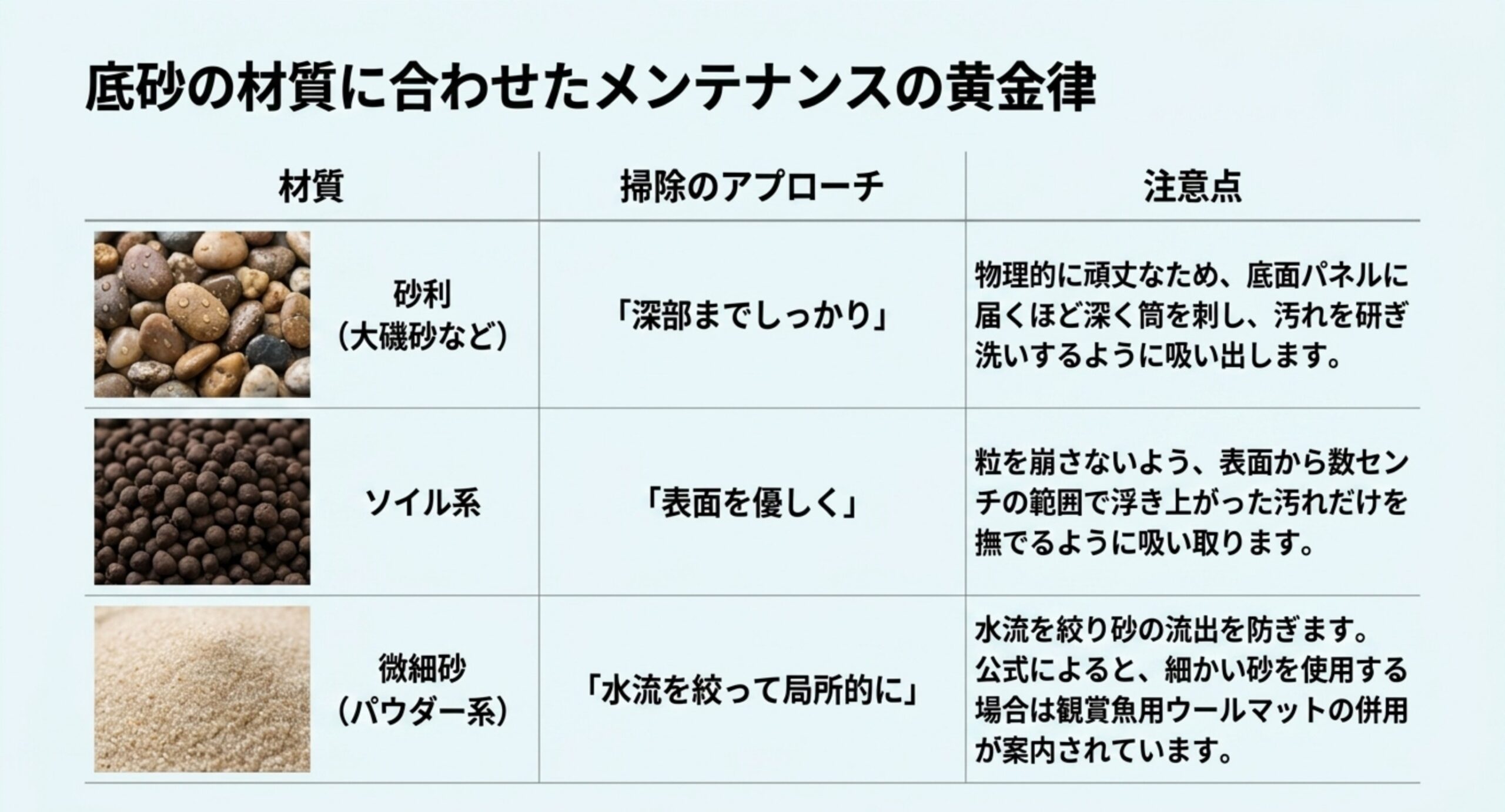 砂利・ソイル系・微細砂の3種類について掃除のアプローチと注意点を比較したスライド