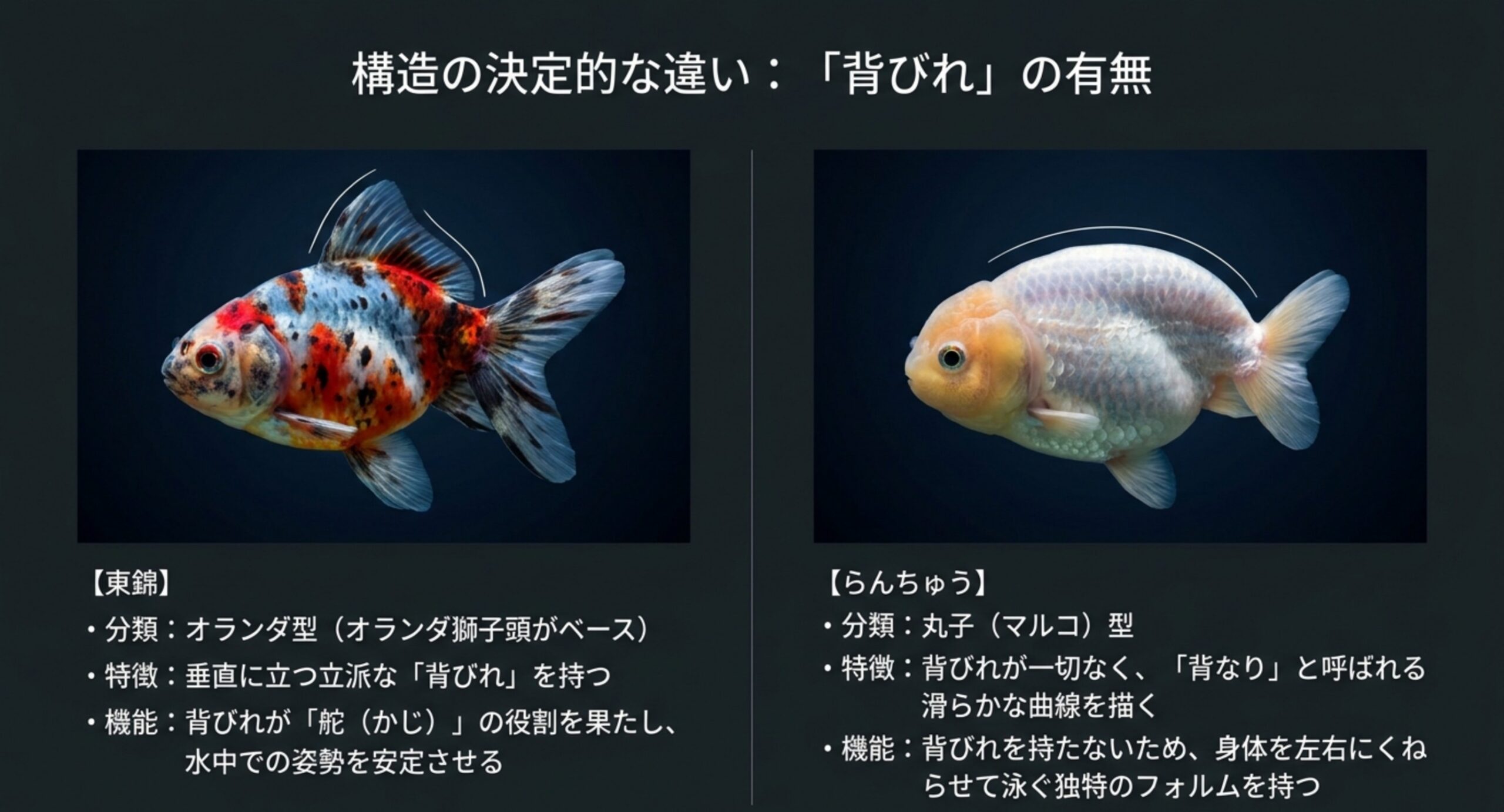 背びれのある東錦と背びれのないらんちゅうを並べ、分類・特徴・背びれが果たす役割の違いを示したスライド