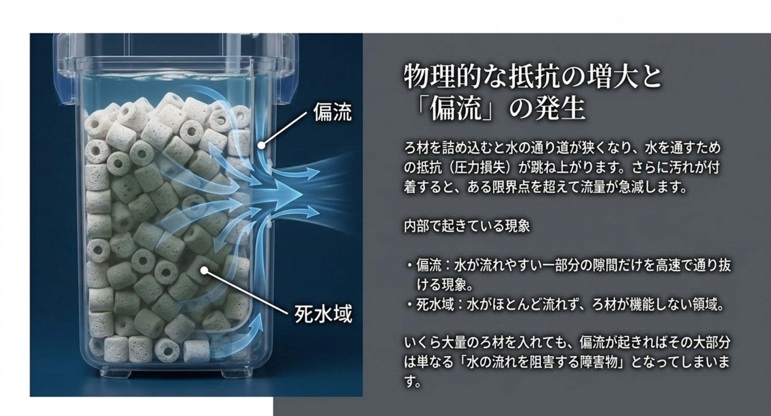 物理的な抵抗の増大と「偏流」の発生 ろ材を詰め込むと水の通り道が狭まり、偏流と死水域が発生する仕組みを図解したスライド