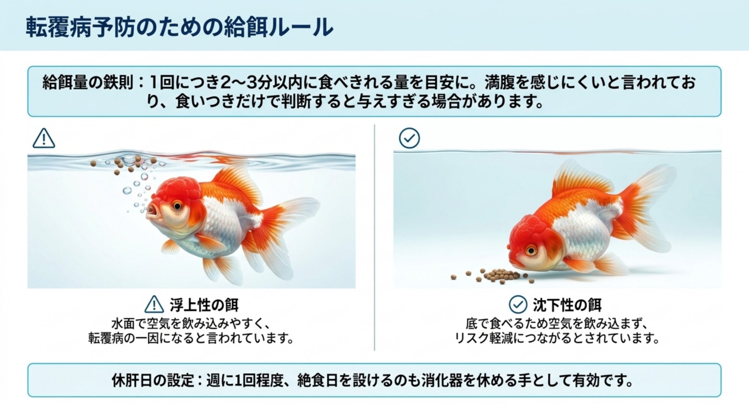 転覆病を防ぐ給餌ルール 2〜3分で食べきれる量という給餌の目安と、浮上性より沈下性の餌が転覆病リスクを抑えやすい理由を比較したスライド