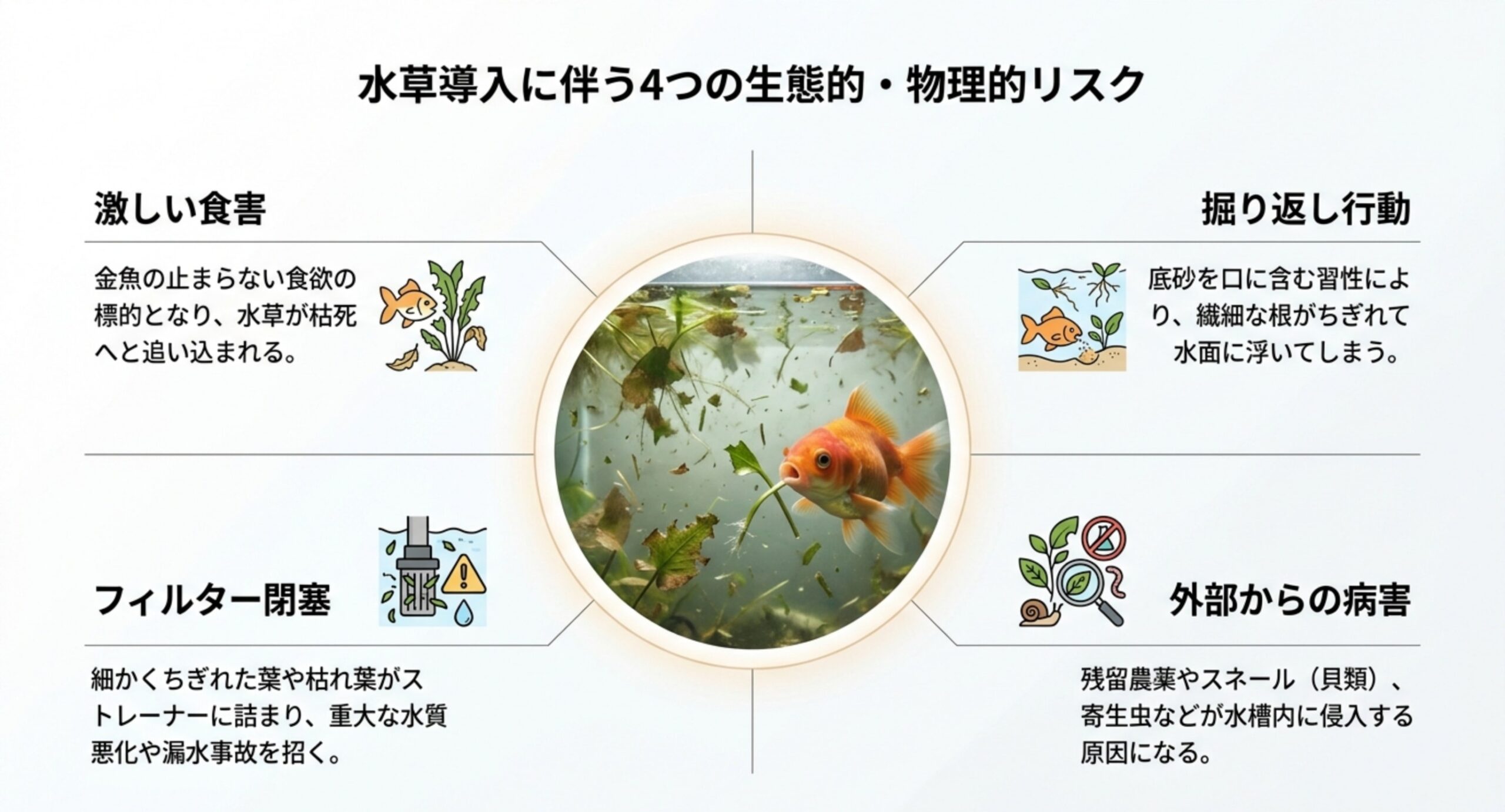 金魚水槽に水草を入れたときの食害・掘り返し・フィルター閉塞・外部からの病害という4つのリスクを図で並べたスライド