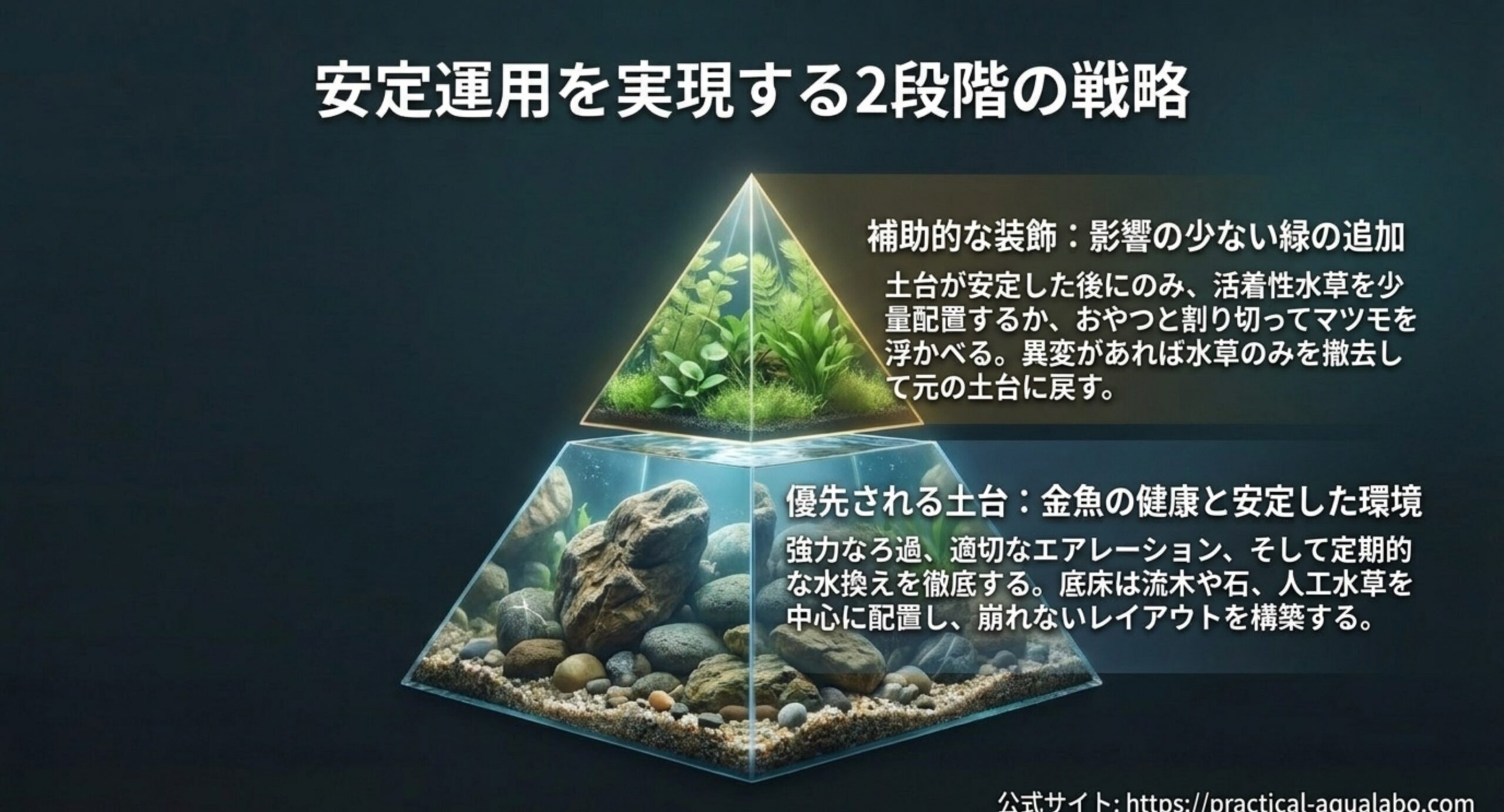 金魚の健康と安定した環境を土台にし、その上に影響の少ない緑を少量足すという2段階の考え方をピラミッド図で示したスライド