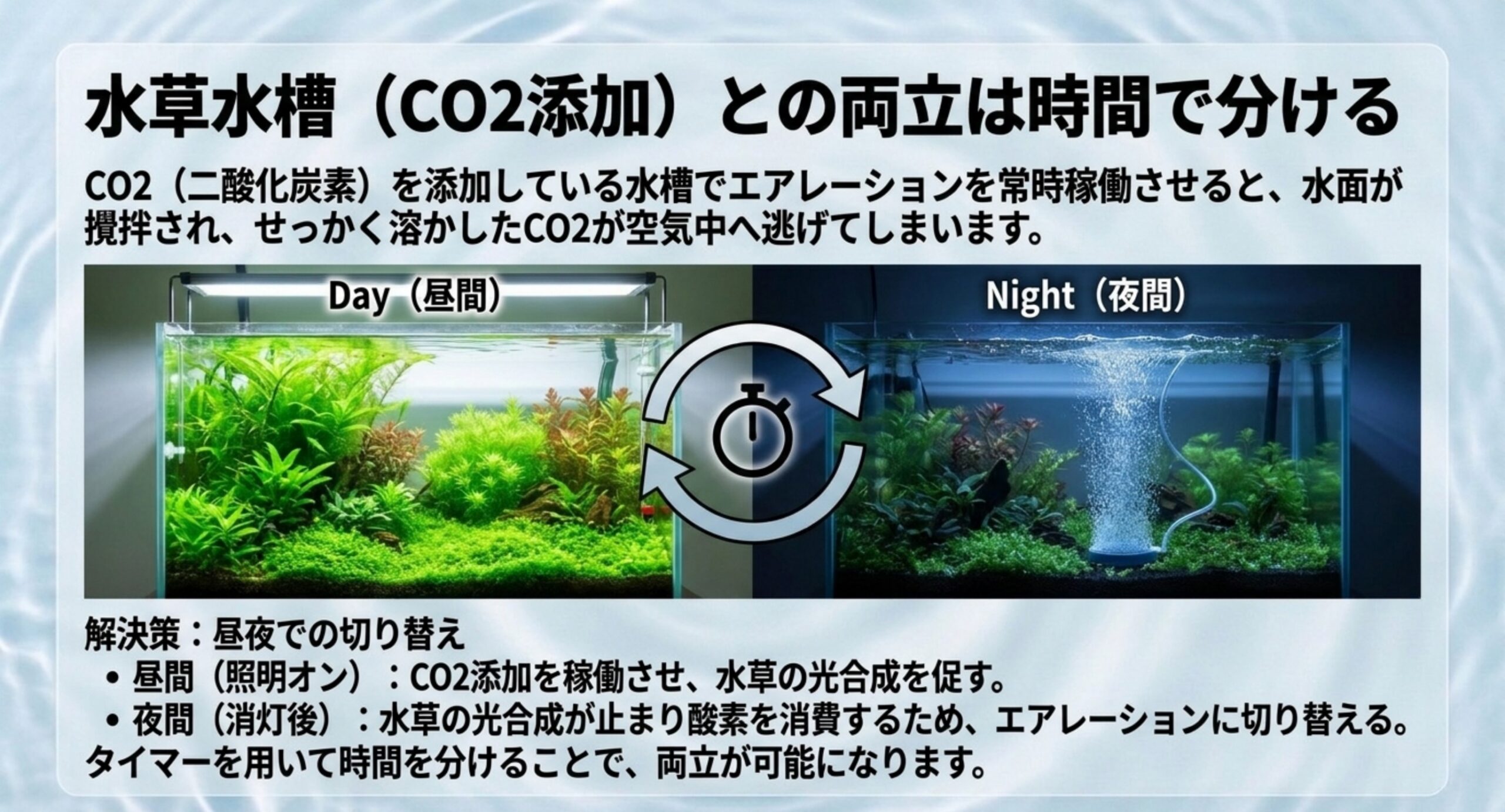 CO2を添加した水草水槽で、昼は照明とCO2、夜はエアレーションへ切り替える運用を昼夜の水槽写真で比較したスライド