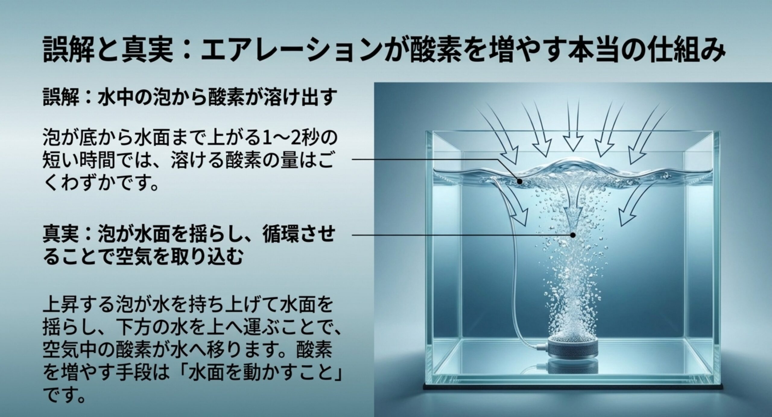 泡そのものから酸素が溶けるのではなく、泡が水面を揺らして水を循環させることで空気中の酸素が取り込まれる仕組みを図解したスライド